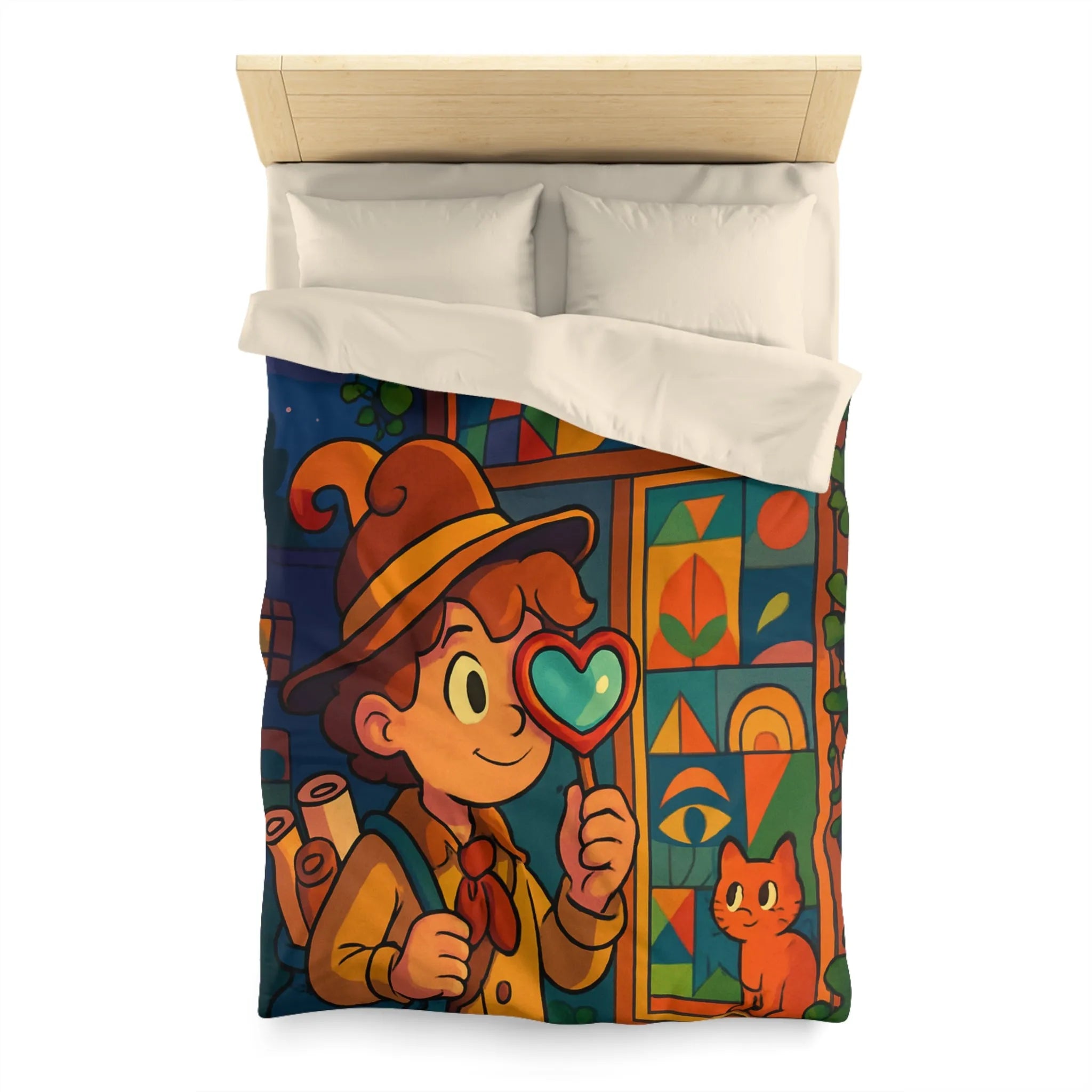 Housse de couette enfant magique avec chat mignon et motifs géométriques colorés