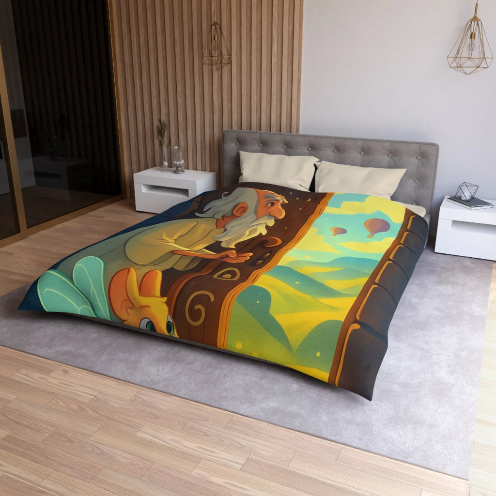 Housse de Couette Fantastique avec Ancien Sage et Paysage Magique Étoilé Soufflant