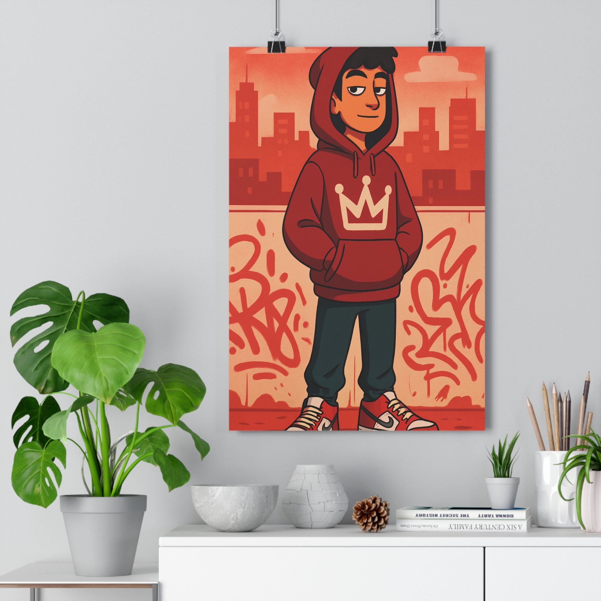 Poster décoratif urbain rouge orange cartoon dynamique moderne salon chambre style graffiti artistique qualité