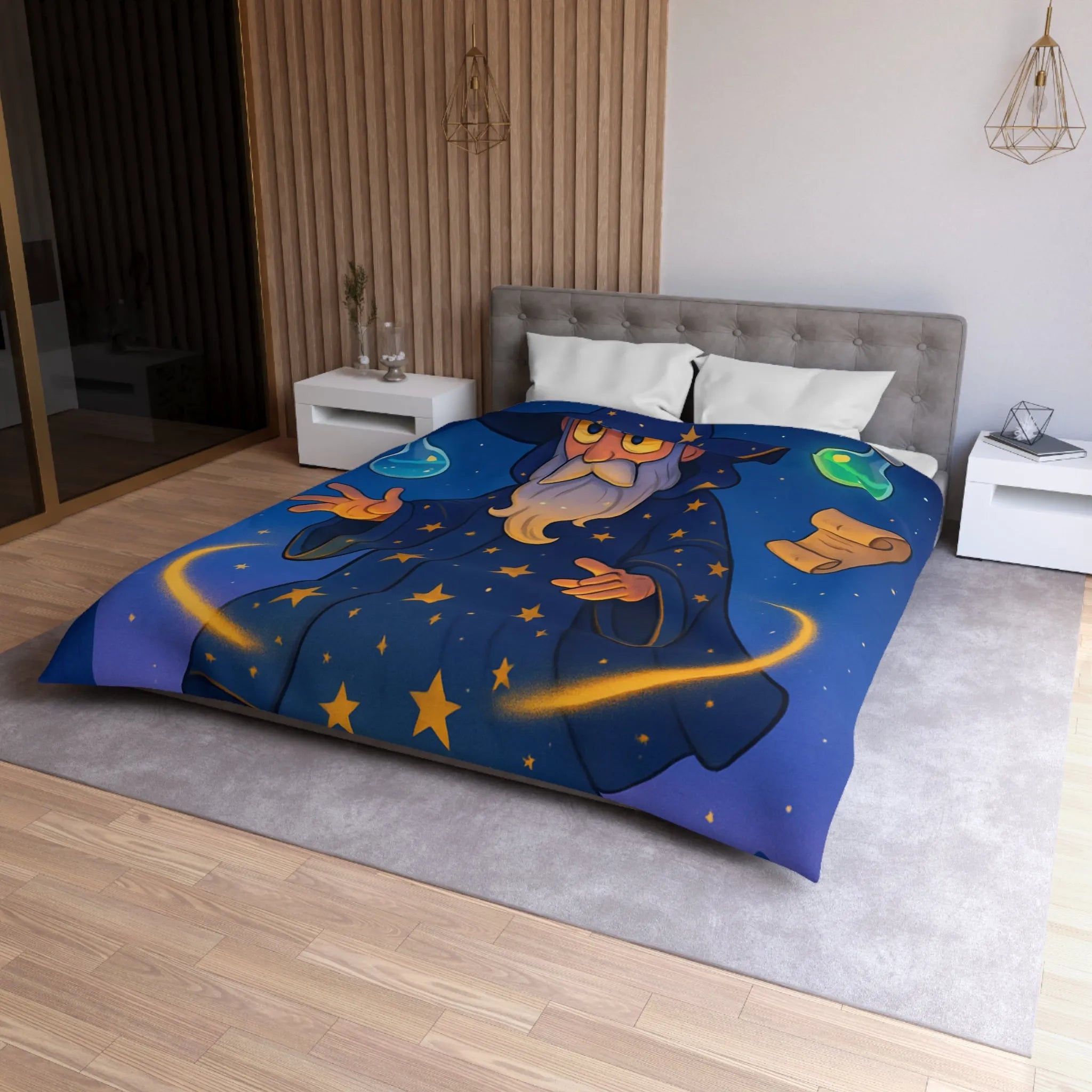 Housse de Couette Magicien Étoilé avec Parchemins Enchantés et Fioles Lumineuses