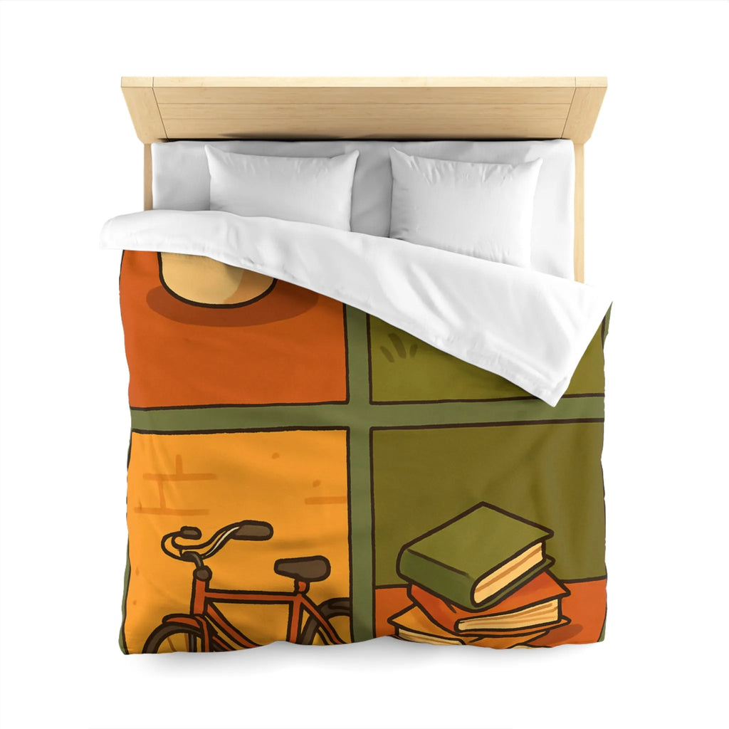 Housse de Couette Décontractée avec Chat Orange, Café, Vélo et Livres Colorés