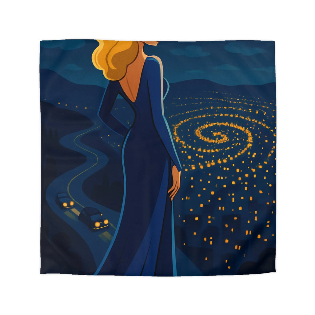 Élégante femme blonde contemplant un paysage nocturne étoilé en robe bleue longue