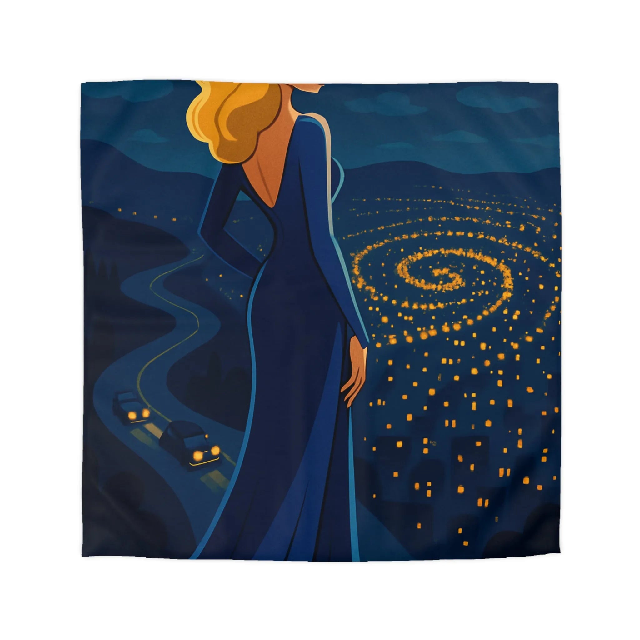 Élégante femme blonde contemplant un paysage nocturne étoilé en robe bleue longue