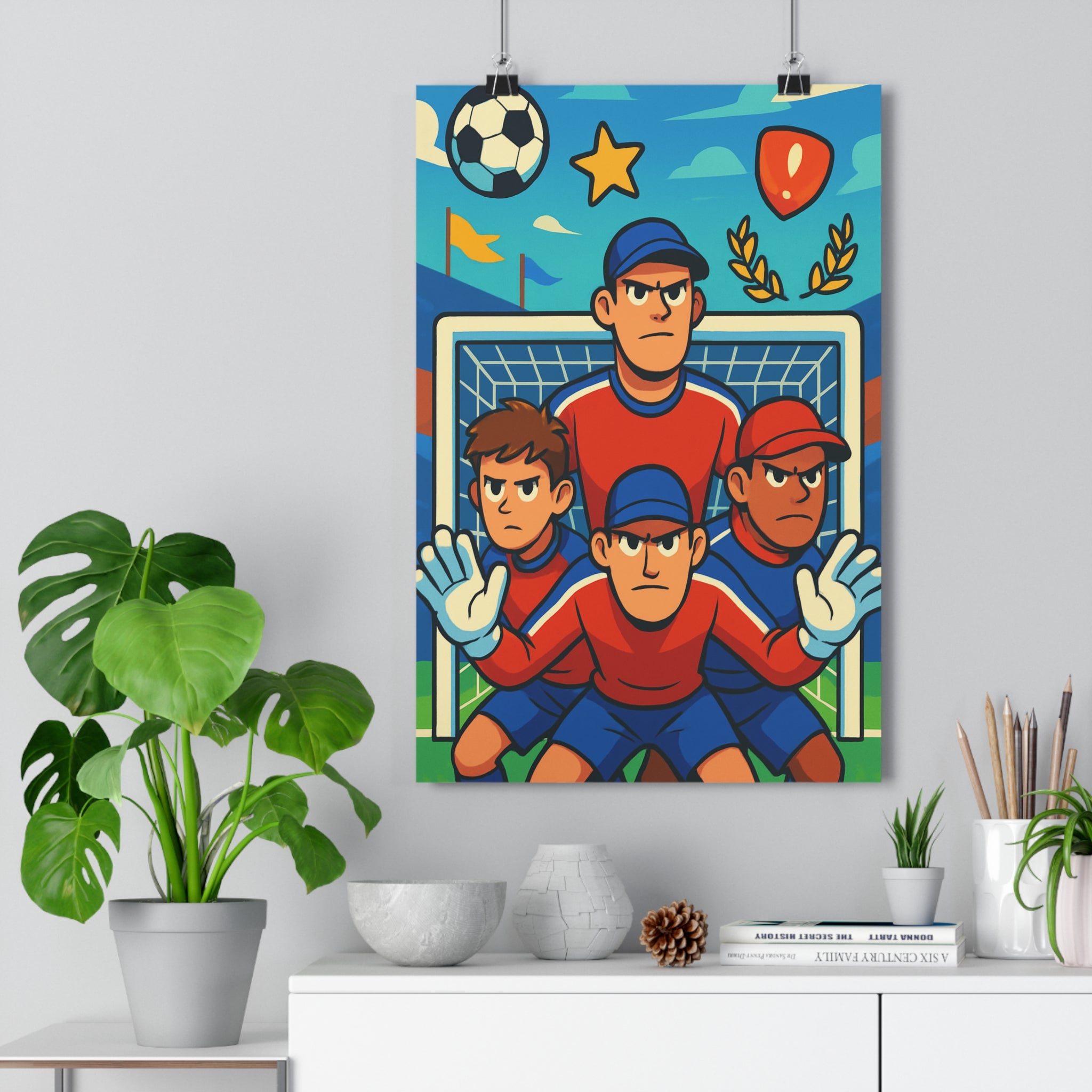 Poster décoratif animé rouge bleu football sportif dynamique salon chambre design vibrant original unique