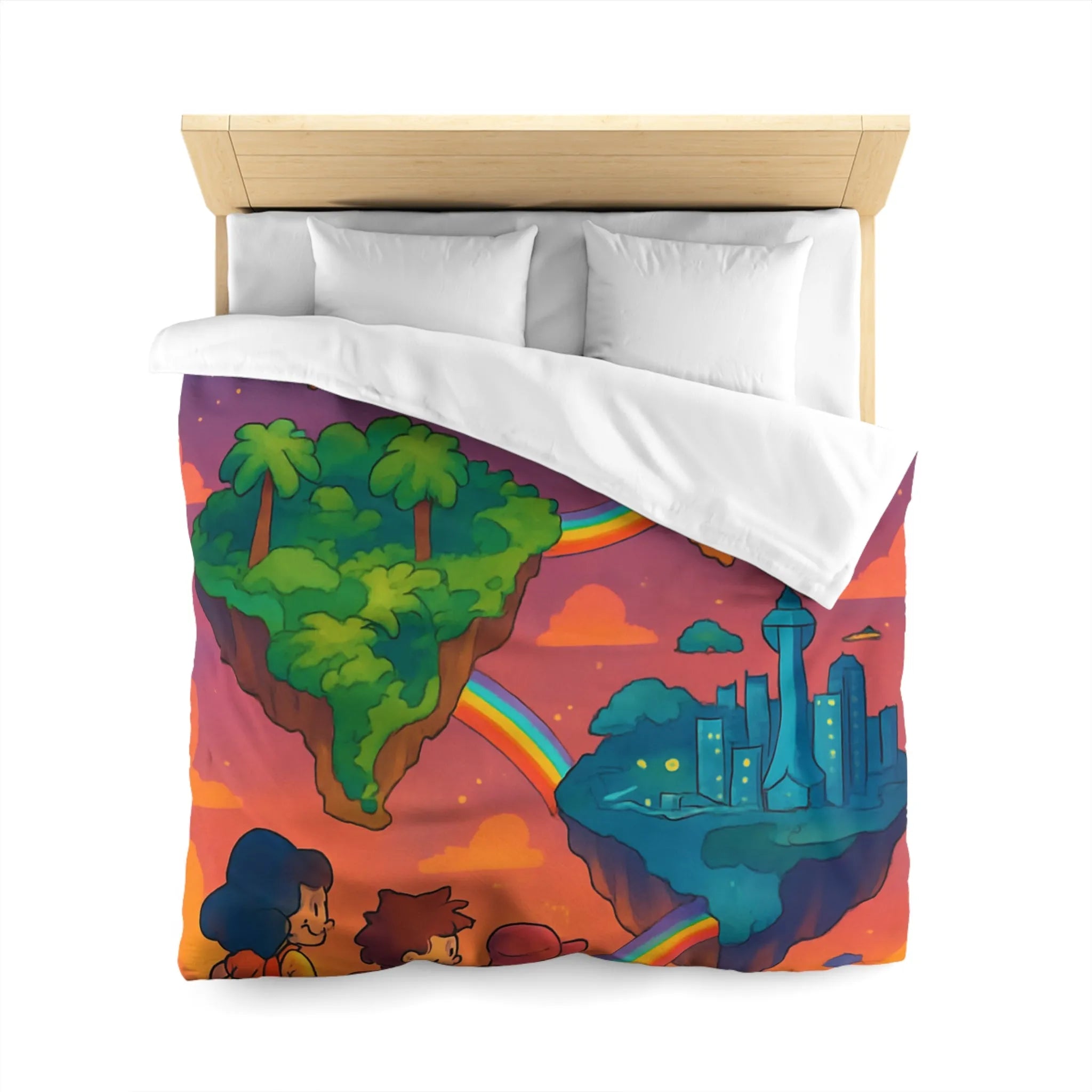 Housse de couette avec univers magique flottant pour chambre d'enfant colorée arc-en-ciel