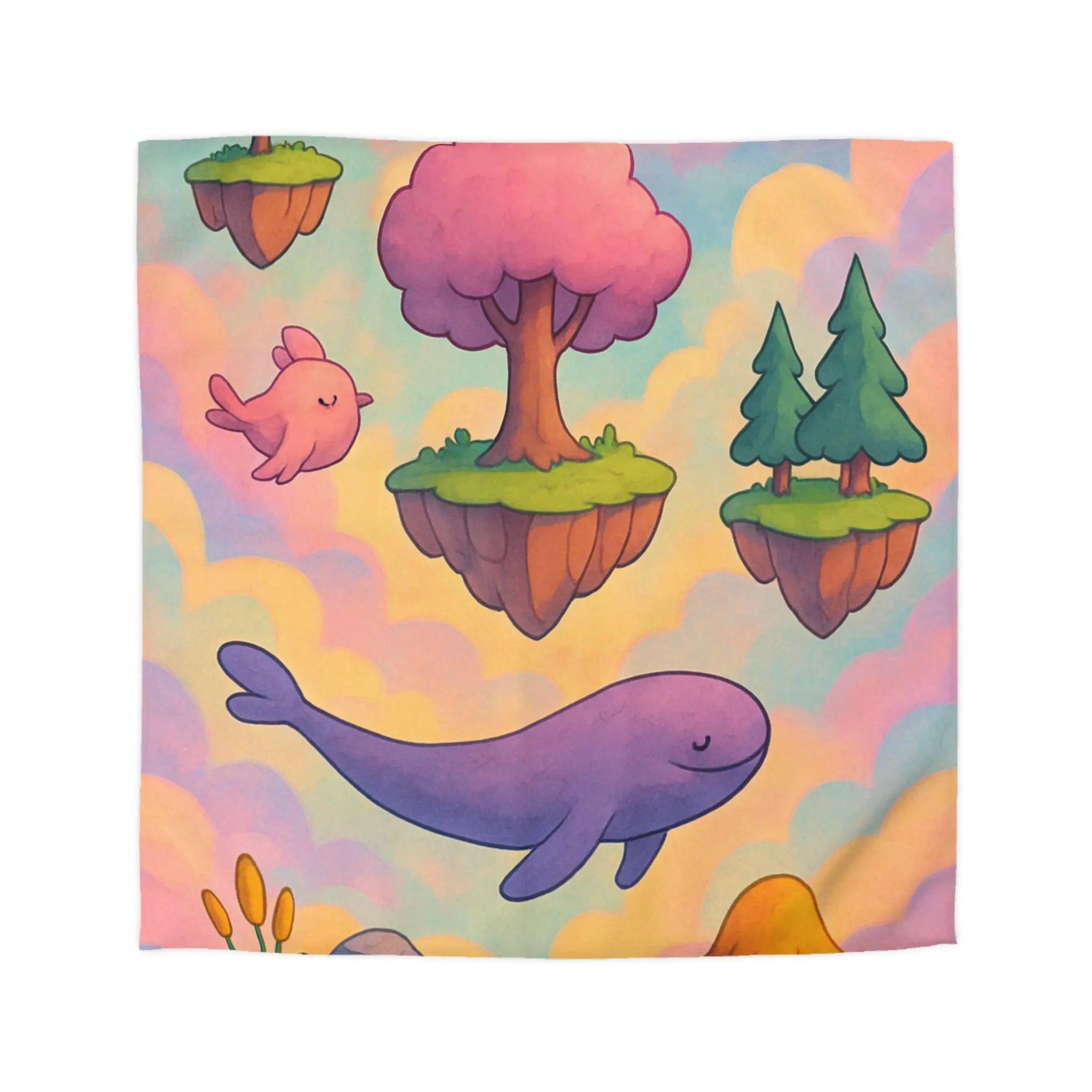 Housse de couette avec îles flottantes et créatures rêveuses dans un ciel magique