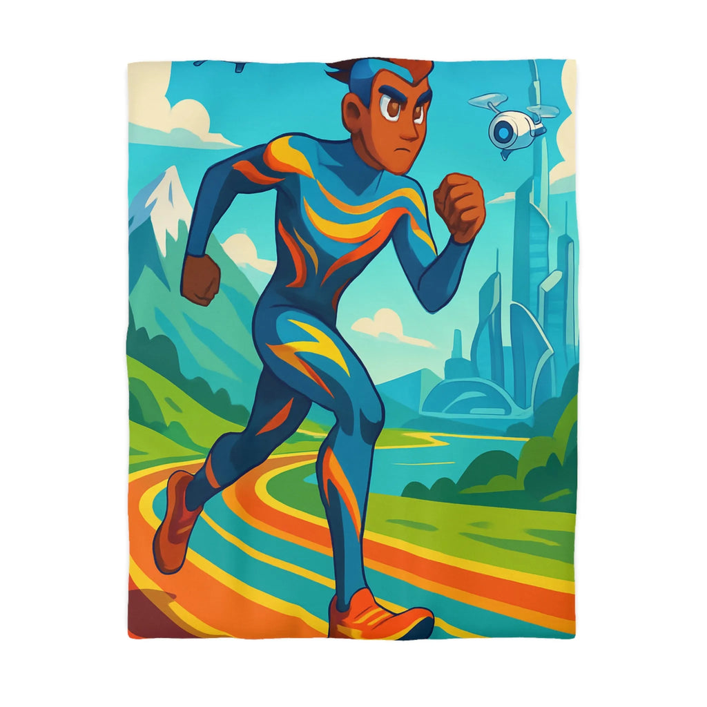 Housse de couette colorée pour chambre futuriste avec coureur et drones volants