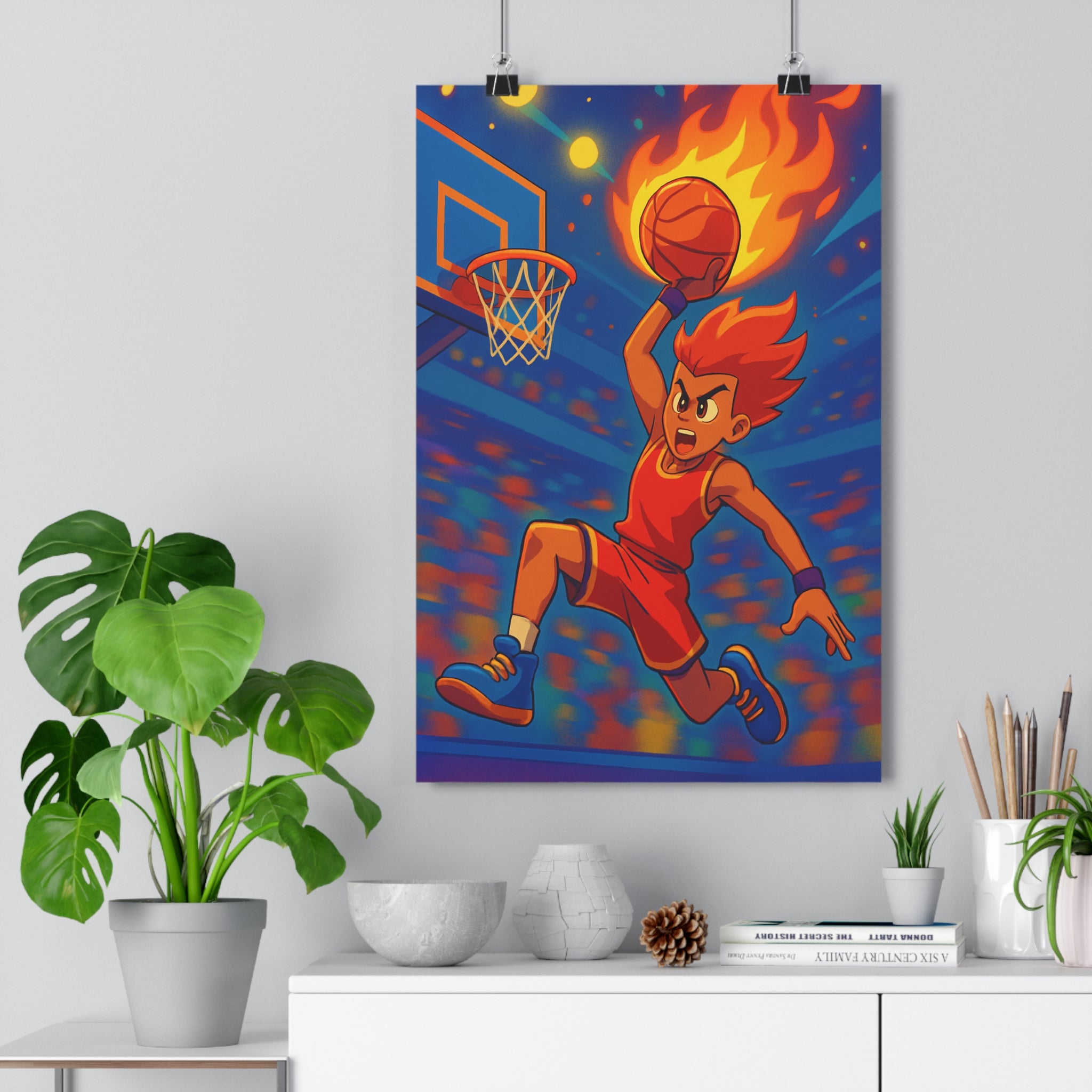Poster décoratif basketball rouge dynamique cartoon énergique chambre jeu style vibrant 30x46 illustration sportive