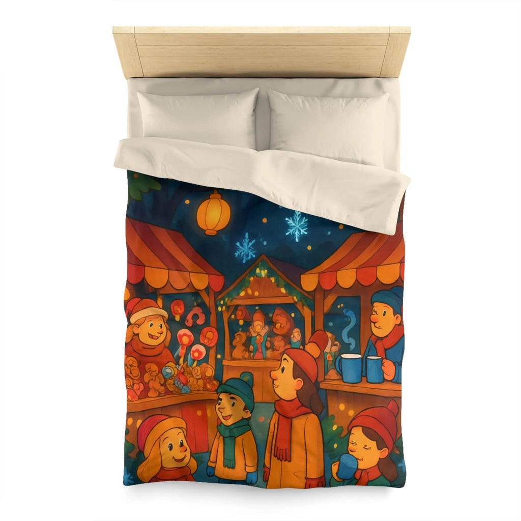Housse de Couette Enfantine avec Scène Festive de Marché de Noël Illuminé et Joyeux