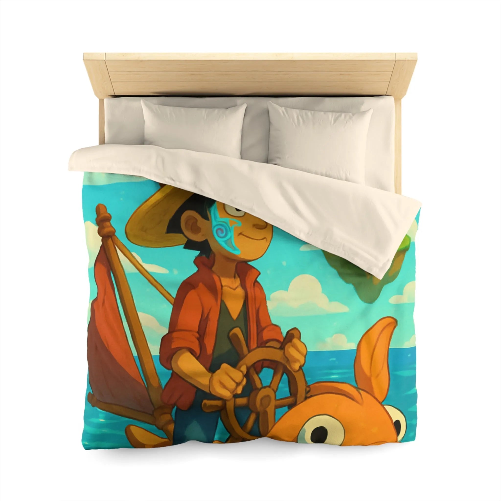 Housse de couette embarcation colorée sur océan turquoise avec îles flottantes et trésors