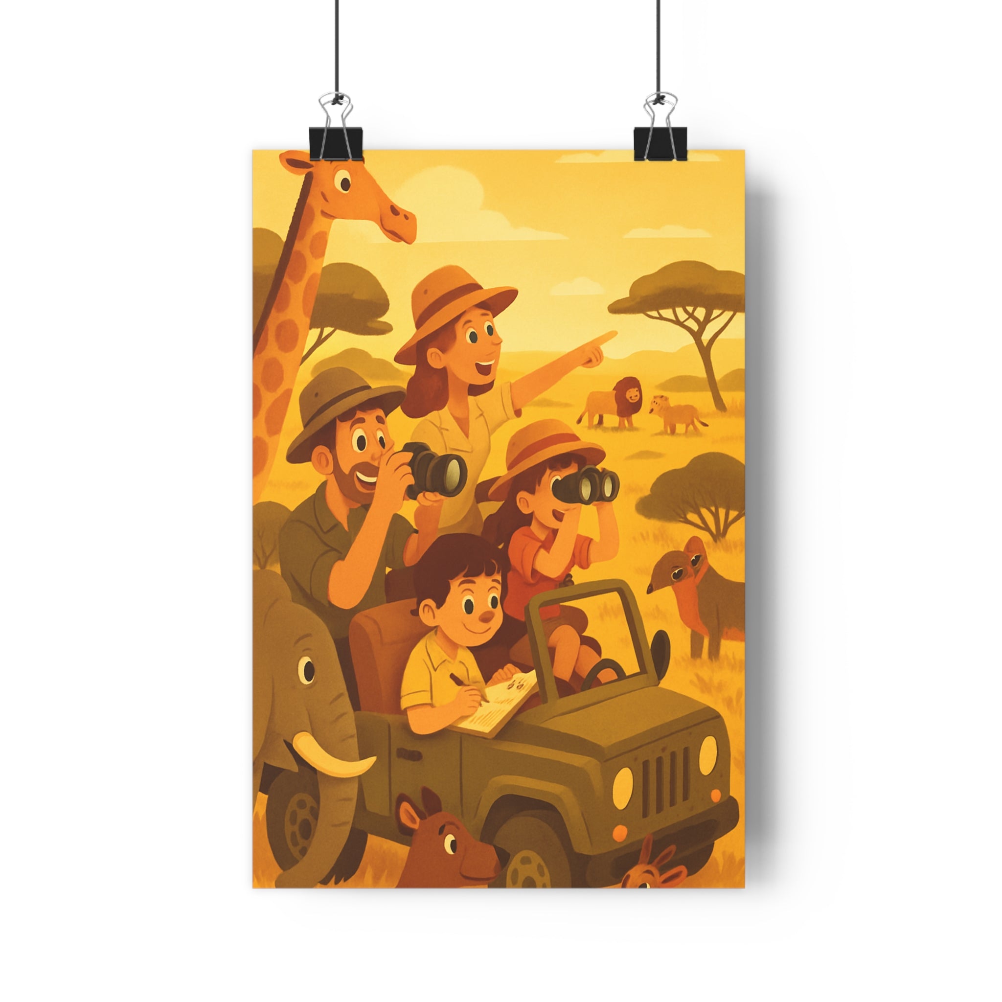 Poster décoratif safari aventure cartoon animaux savane joyeux enfant chambre salon couleurs chaudes ambiance