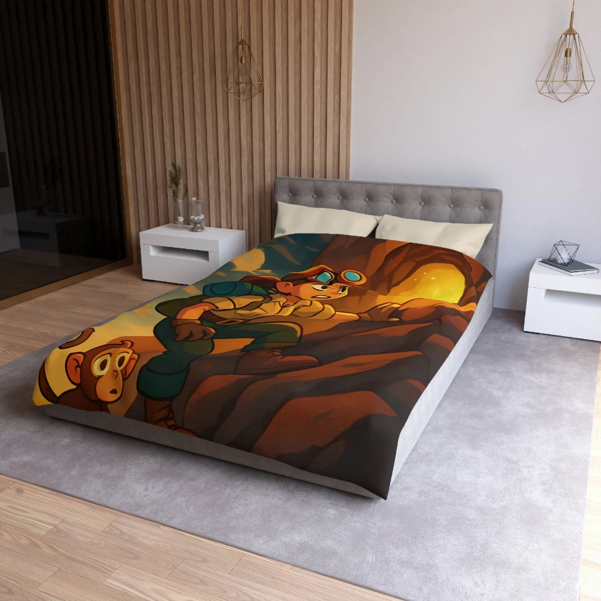 Housse de couette aventure colorée avec jeune explorateur et singe devant grotte lumineuse