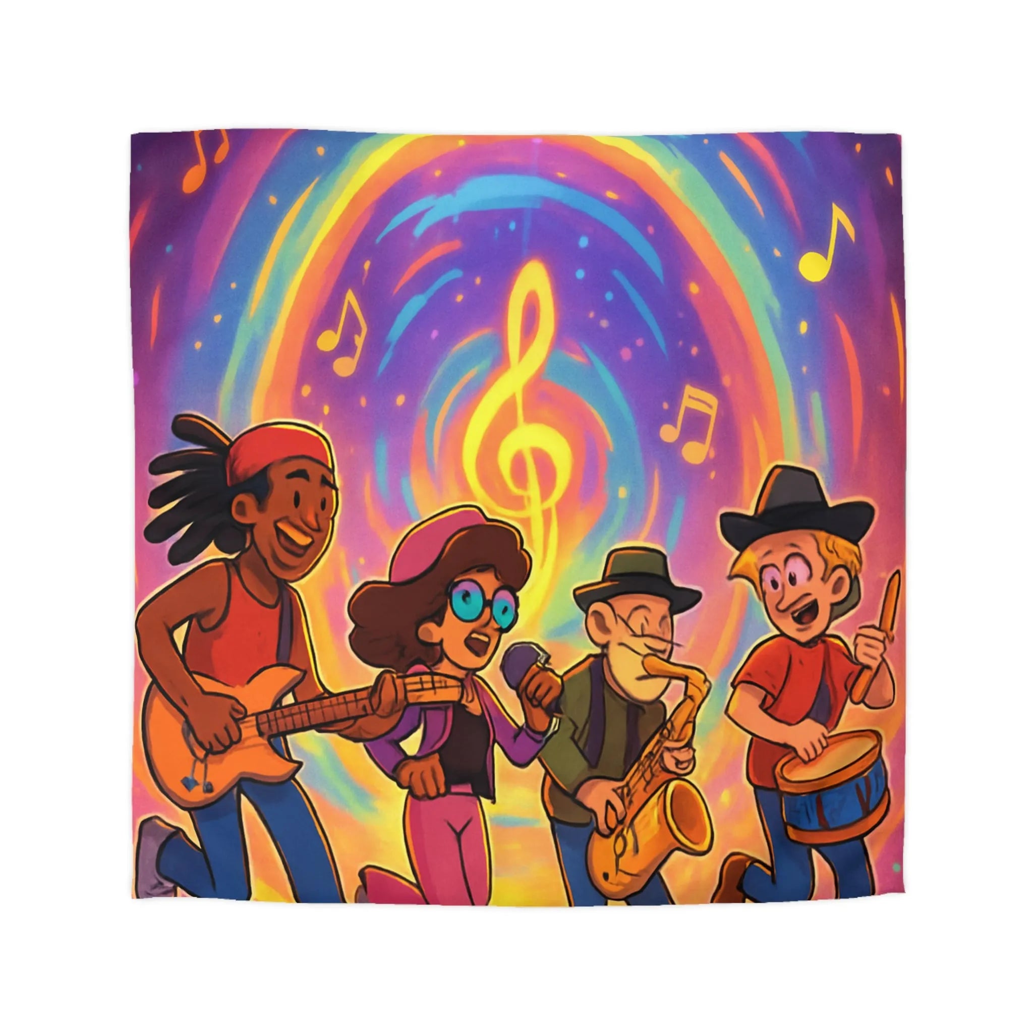 Housse de couette animée avec quatre musiciens et notes colorées en spirale lumineuse