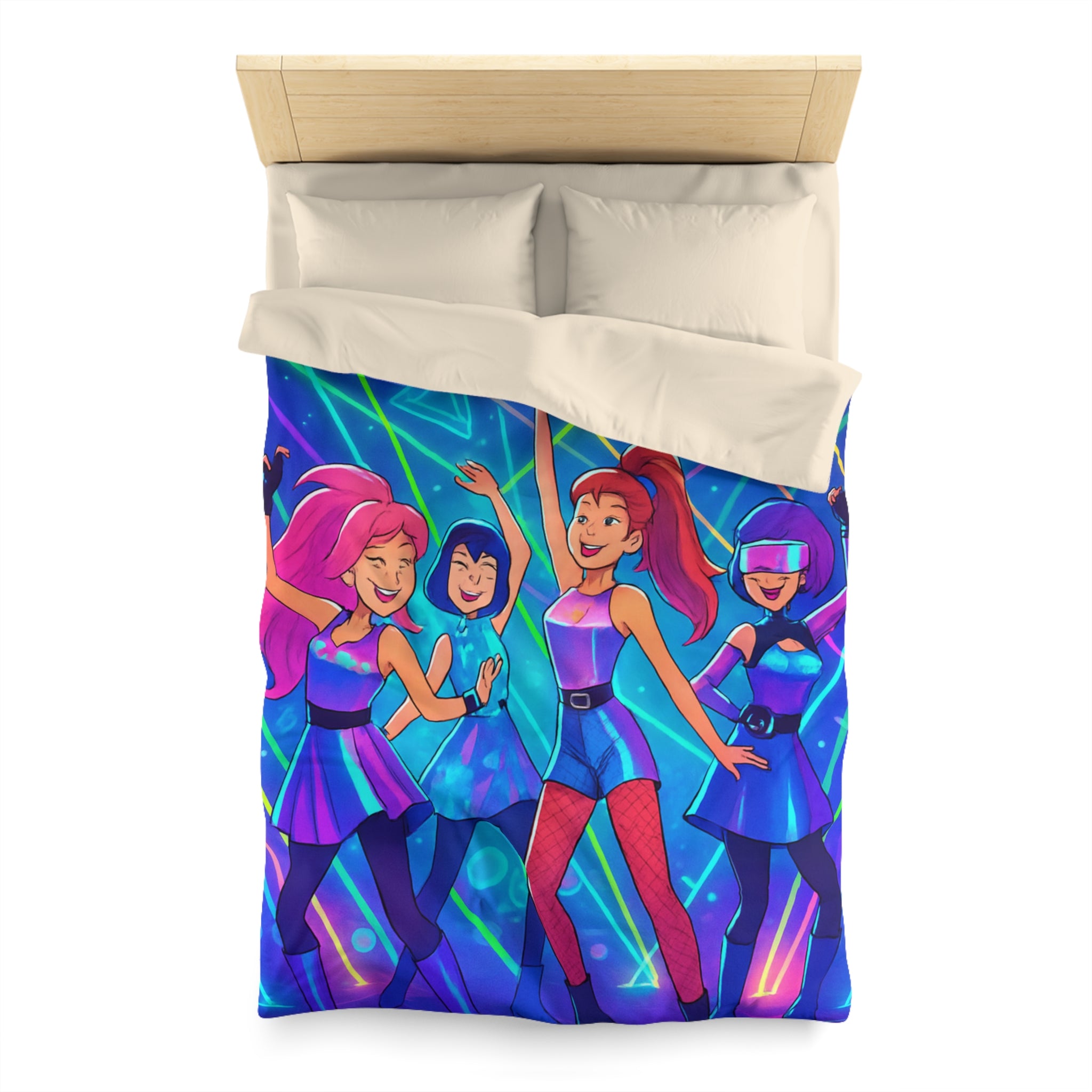 Housse de couette techno disco avec danseuses rétro en néons et figures géométriques