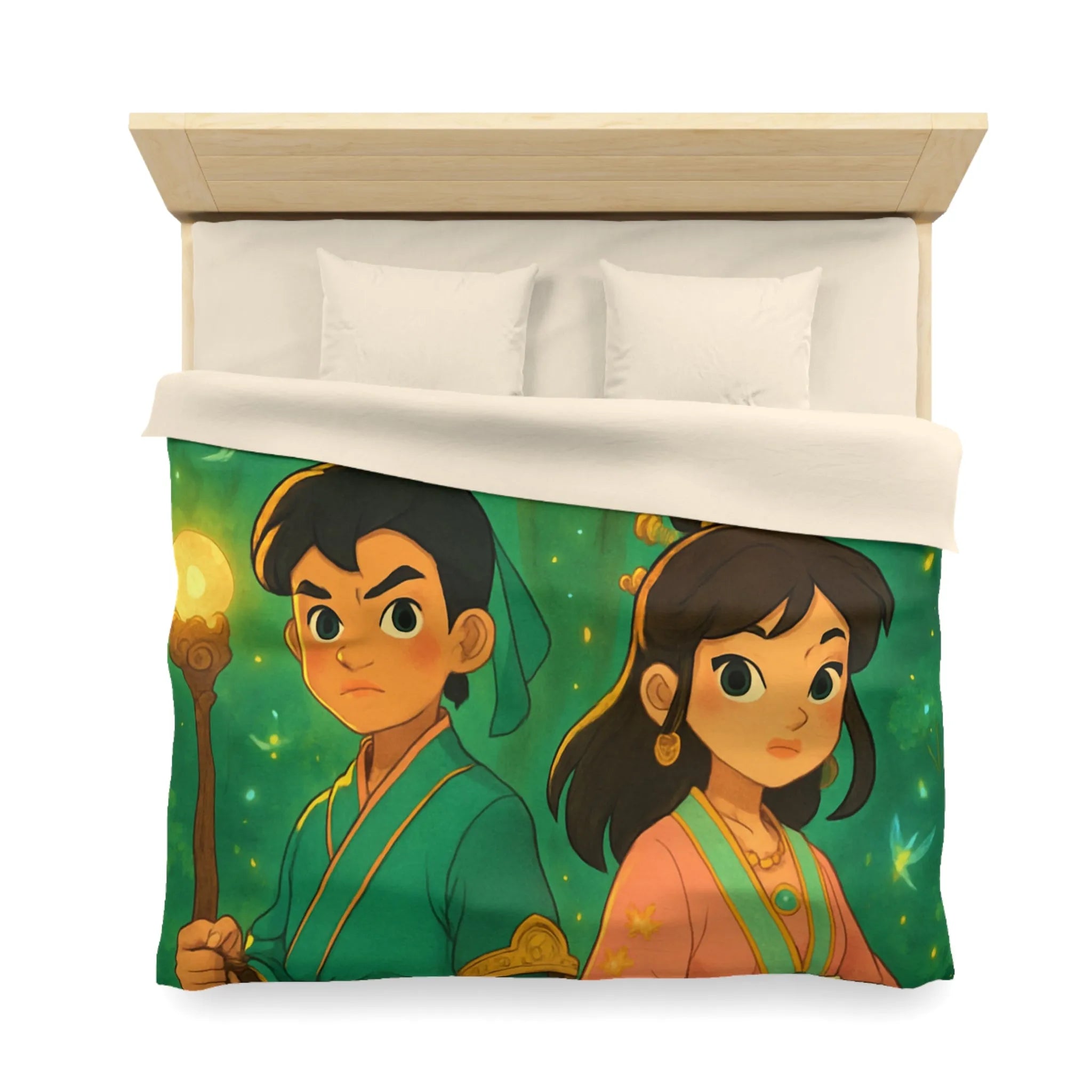 Housse de Couette Féérique Enfants avec Arbre Lumineux et Personnages Style Fantasy Coloré