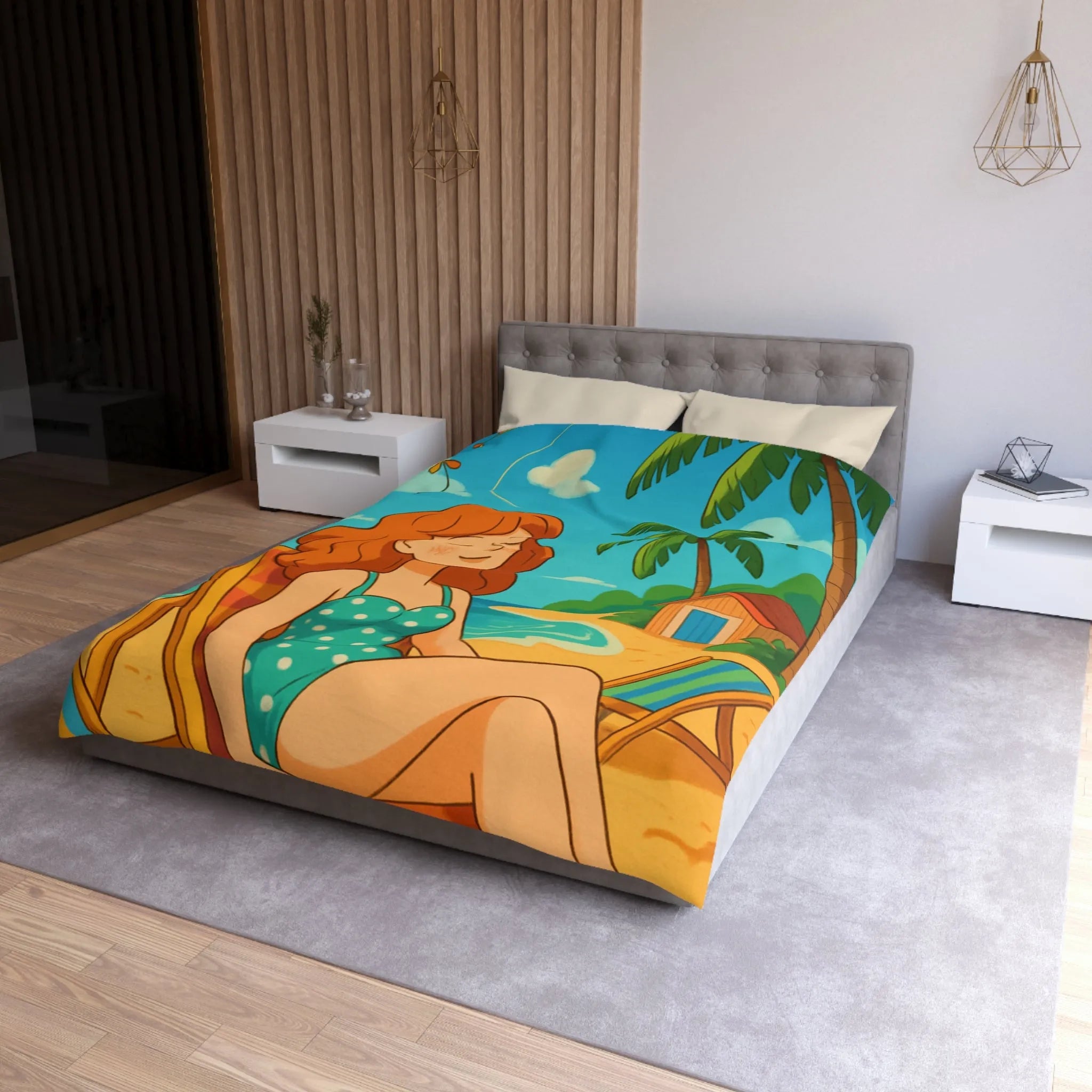 Housse de couette illustrée plage relaxante avec fille et cerf-volant coloré