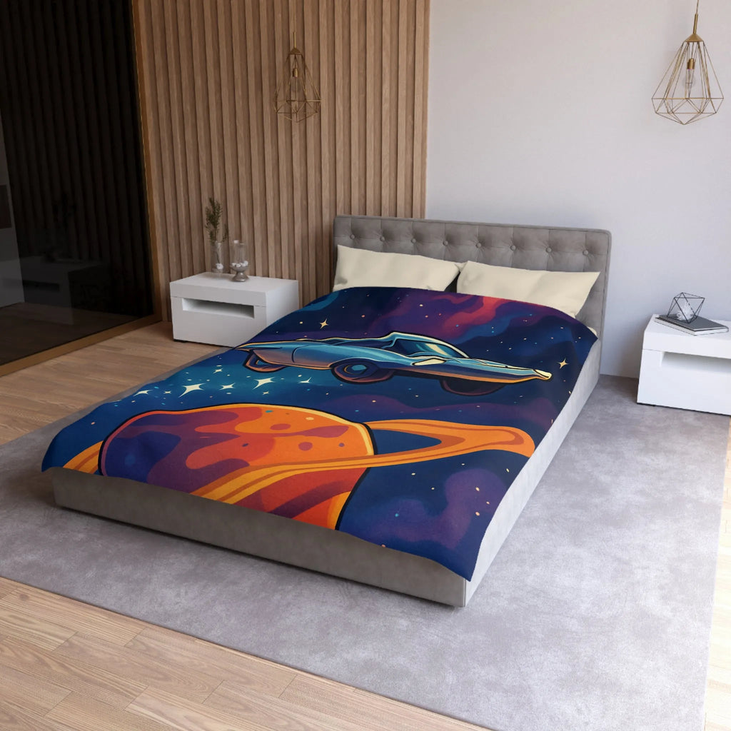 Housse de Couette Artistique Spatiale avec Voiture Volante et Planète Saturne Colorée