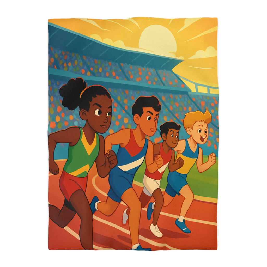 Housse de couette illustrée course d’athlétisme enfants vibrant soleil dynamique