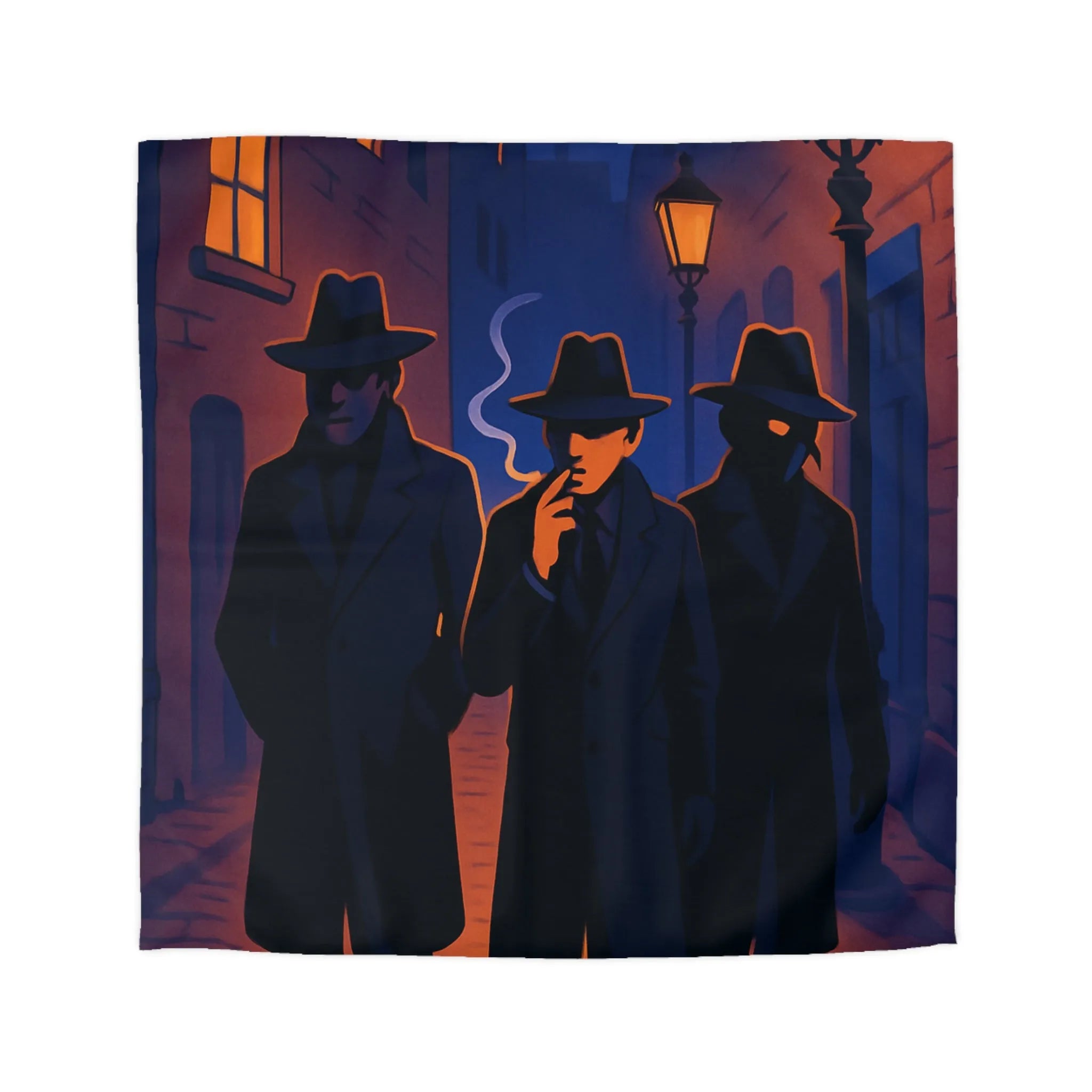 Housse de couette avec scène mystérieuse de détectives en ruelle éclairée par réverbères