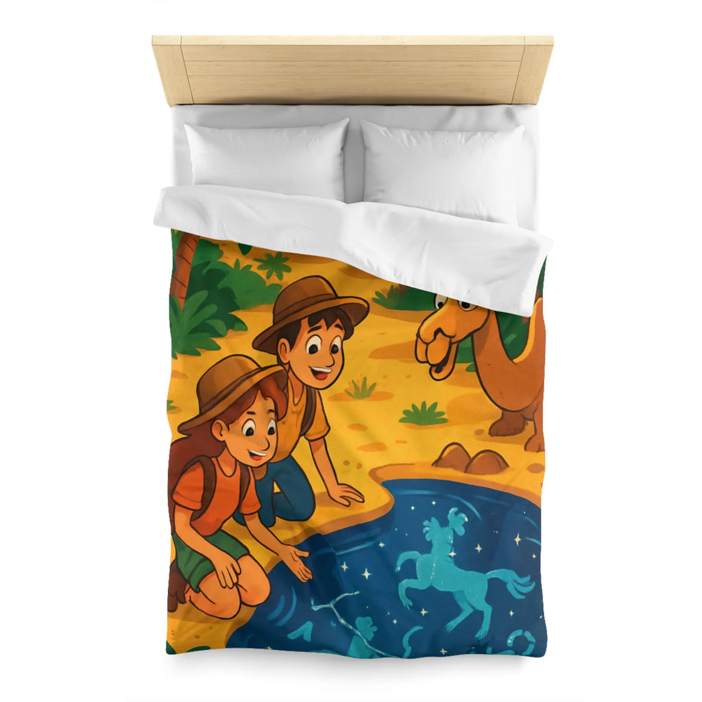 Housse de couette désert exotique enfants étoiles, animaux et aventuriers explorant oasis magique