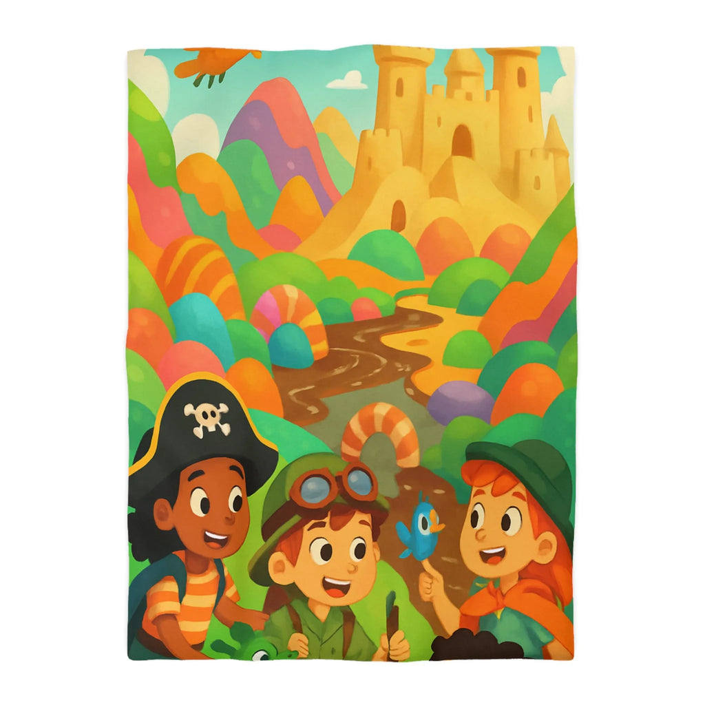 Housse de couette ludique pour enfants avec château et aventuriers aux couleurs vives