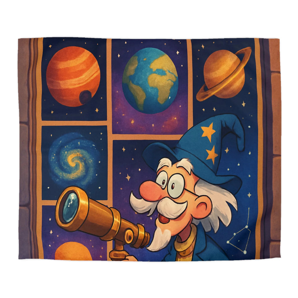 Housse de couette colorée avec astronome et planètes pour chambre d'enfant magique