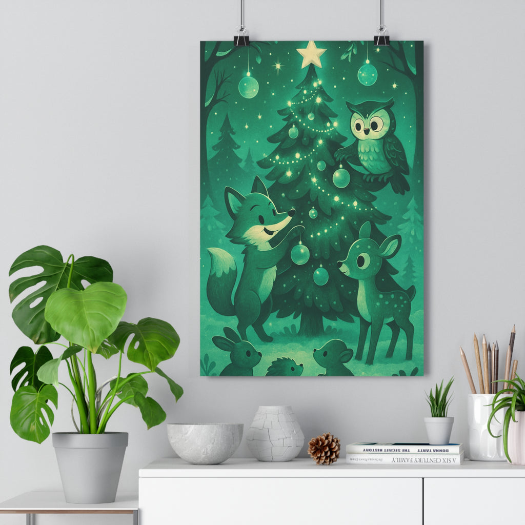 Poster décoratif forêt magique vert conte fées animaux joyeux chambre enfant ambiance enchantée sapin