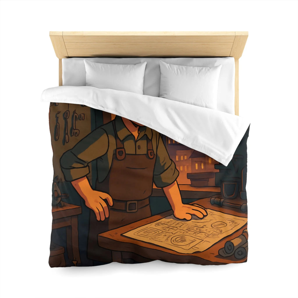Housse de couette enfant avec illustration atelier rétro et robots amusants pour inventeur