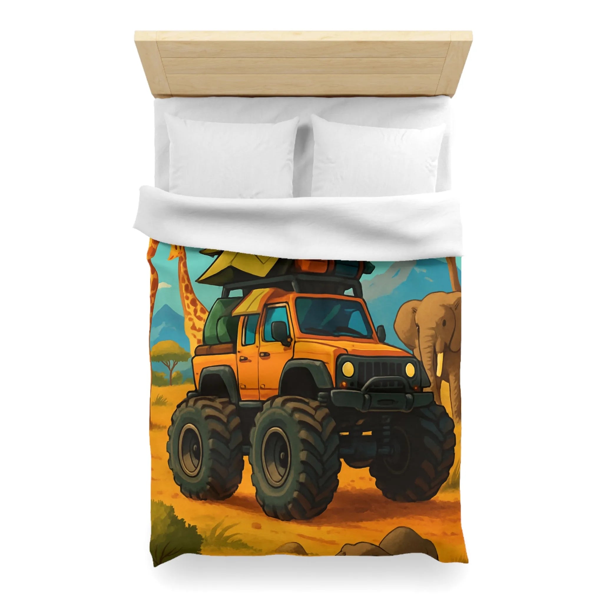 Housse de couette colorée avec véhicule tout-terrain et animaux dans la savane africaine