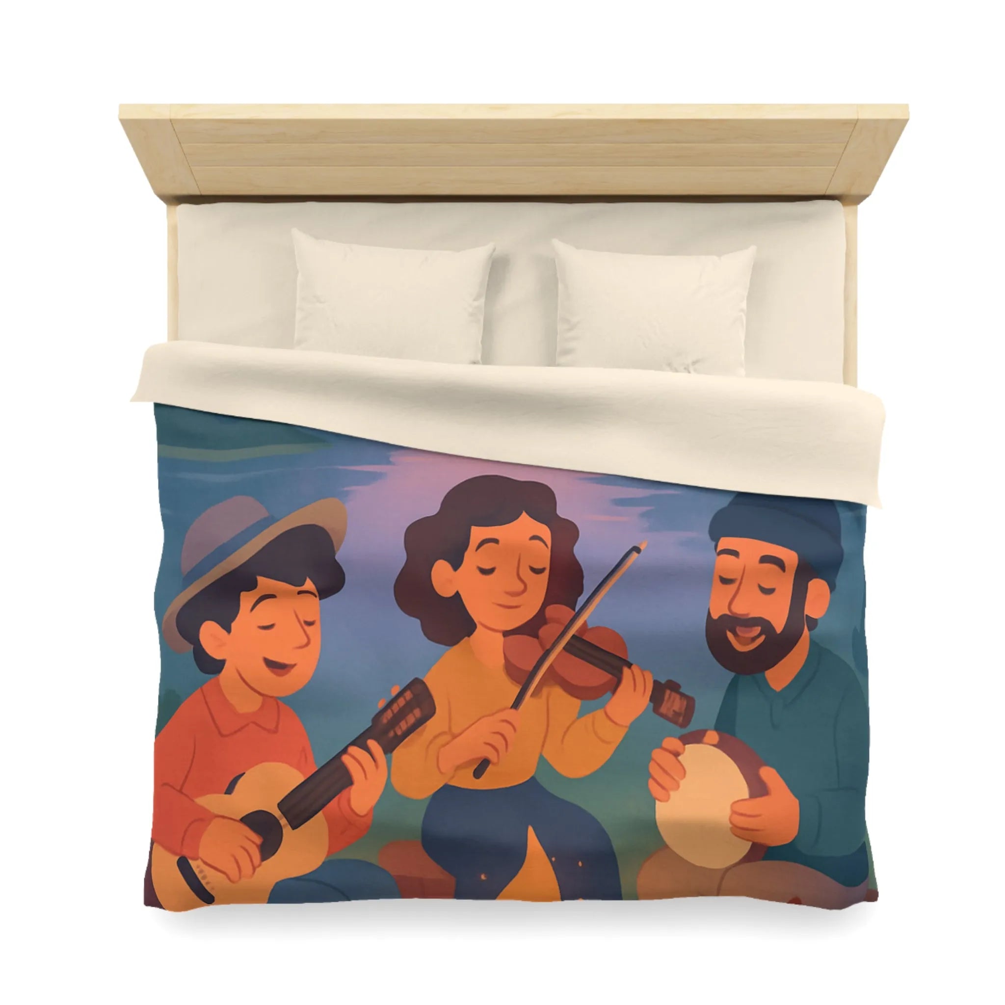 Housse de Couette avec Musiciens et Animaux Près du Feu de Camp au Crépuscule