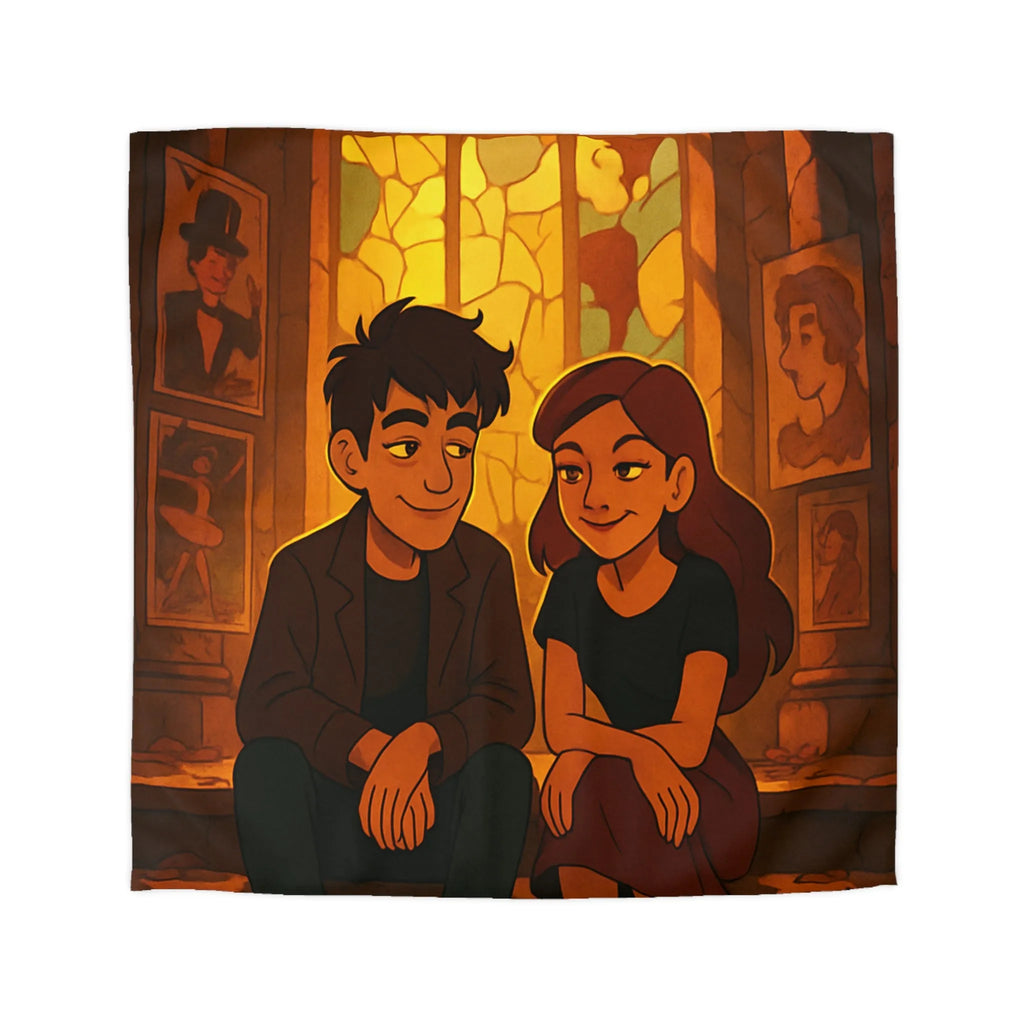 Housse de couette avec illustration romantique de couple devant vitrail chaleureux et intime