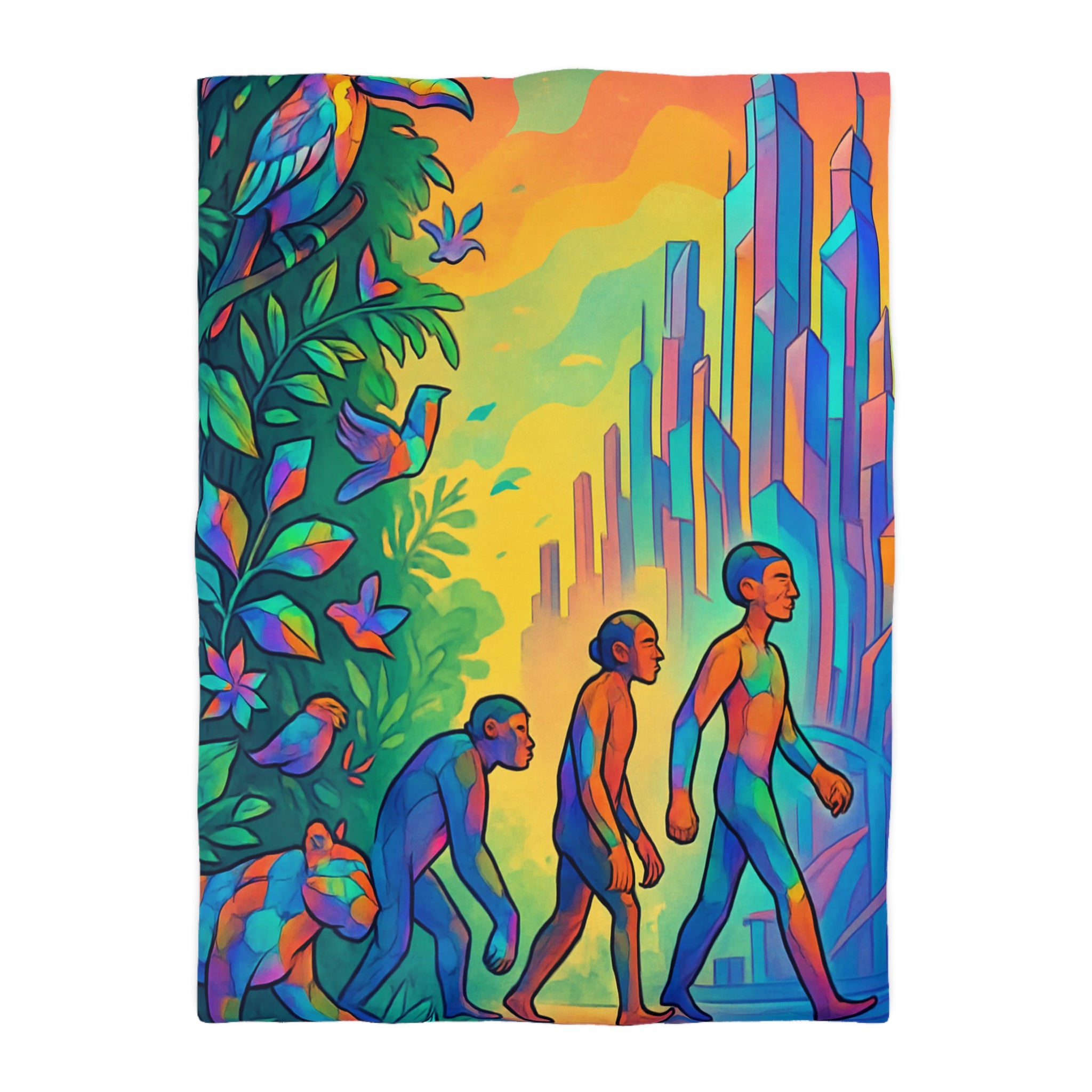 Housse de couette vibrante d'évolution humaine sur fond de jungle et de gratte-ciel