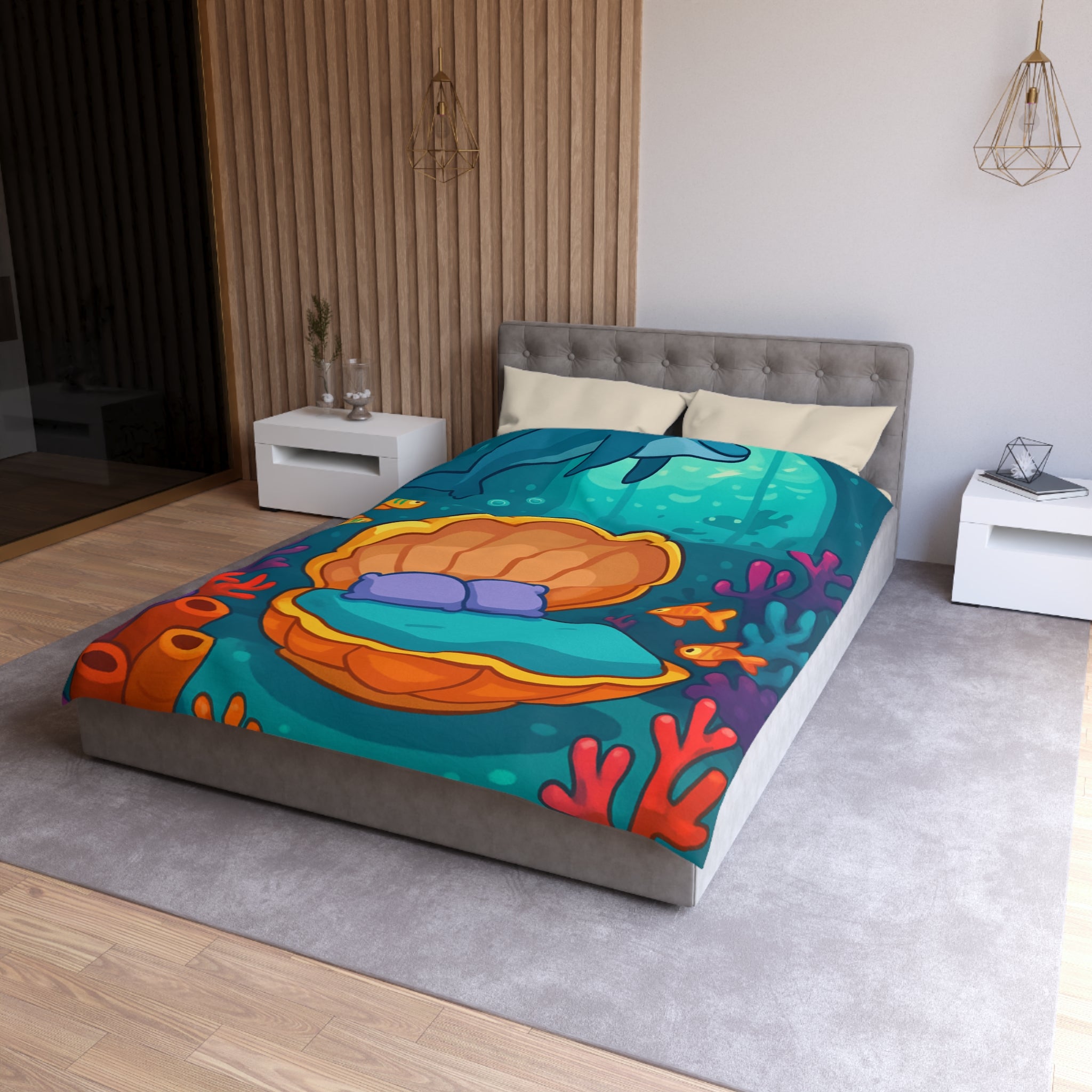 Housse de couette thème sous-marin avec dauphin, coquillage et barrières de corail colorées