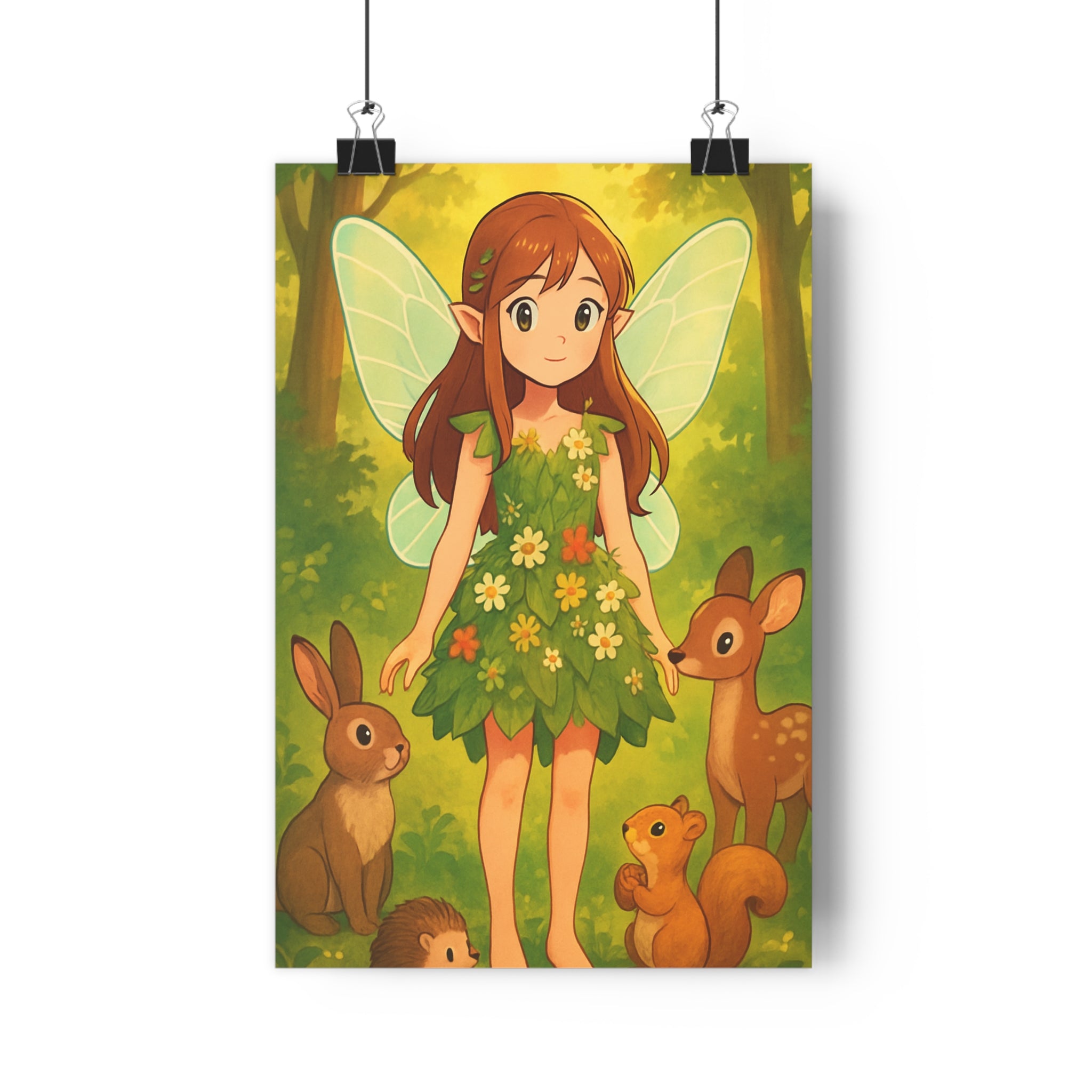 Poster décoratif féérique vert doré anime nature mystique enfant chambre détente animaux 30x46 cm