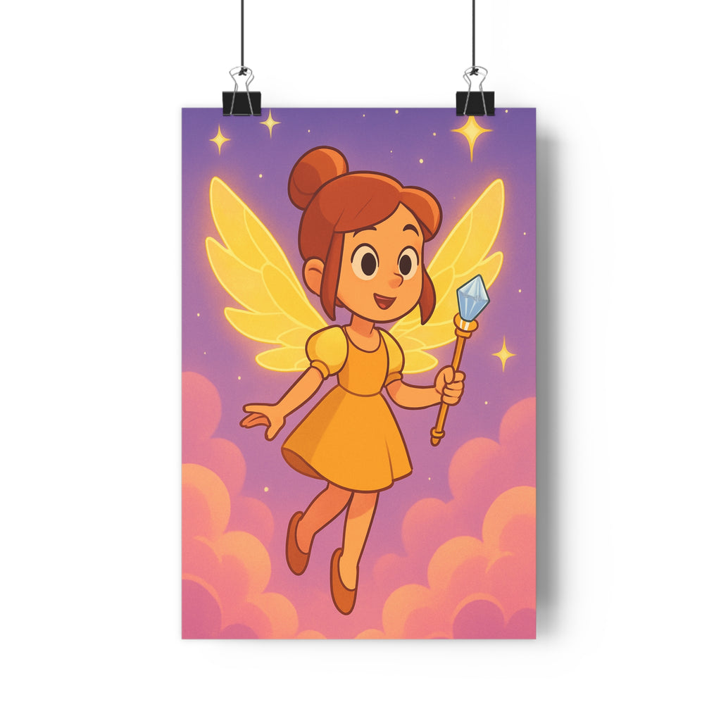 Poster décoratif magique fille ailes lumineuses jaune violet chambre créative enfant ciel étoilé 30x46