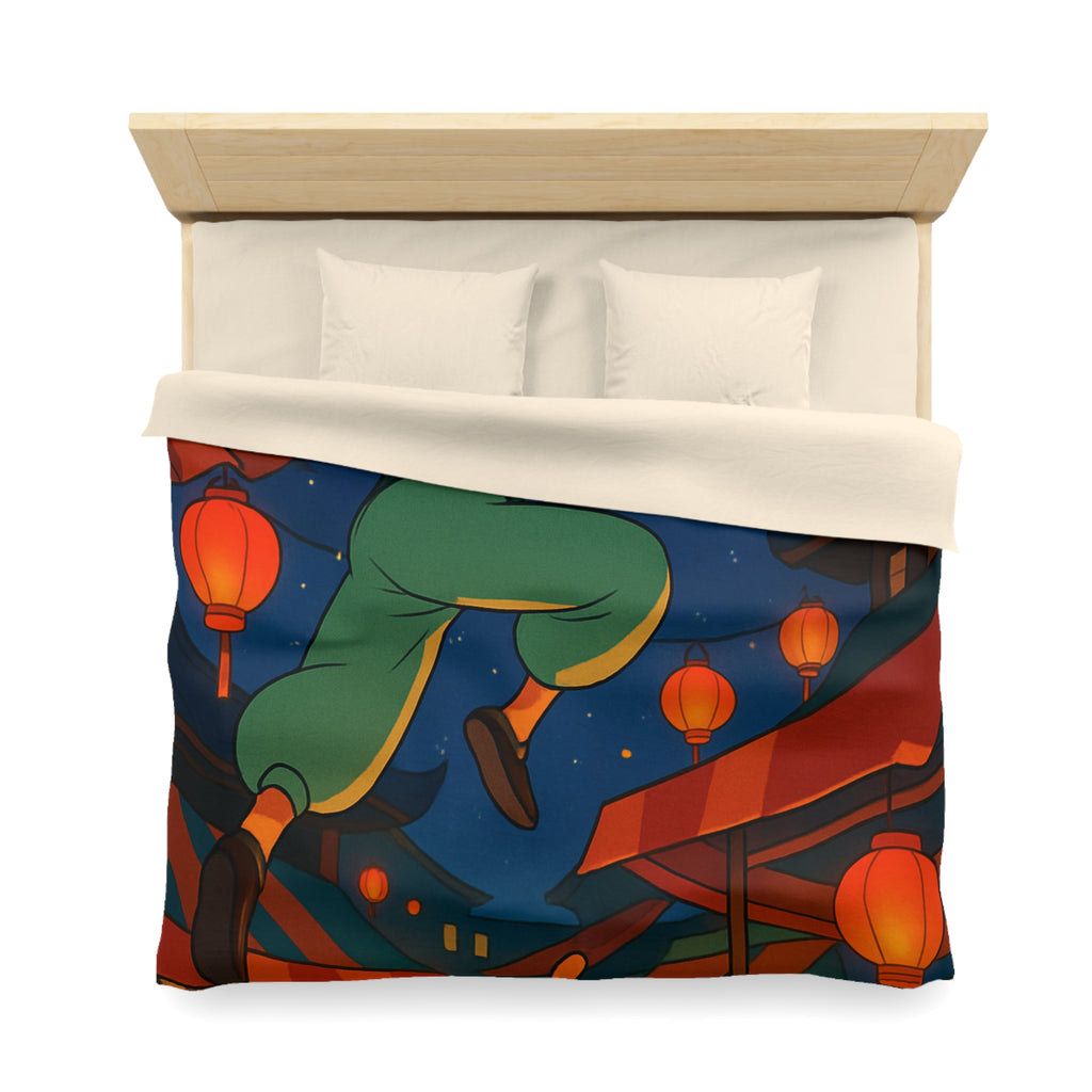 Housse de couette vibrante inspirée d'une scène de marché asiatique nocturne étoilé