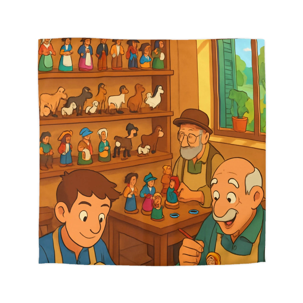 Housse de couette chaleureuse avec scène artisanale, figurines en bois colorées et personnages souriants