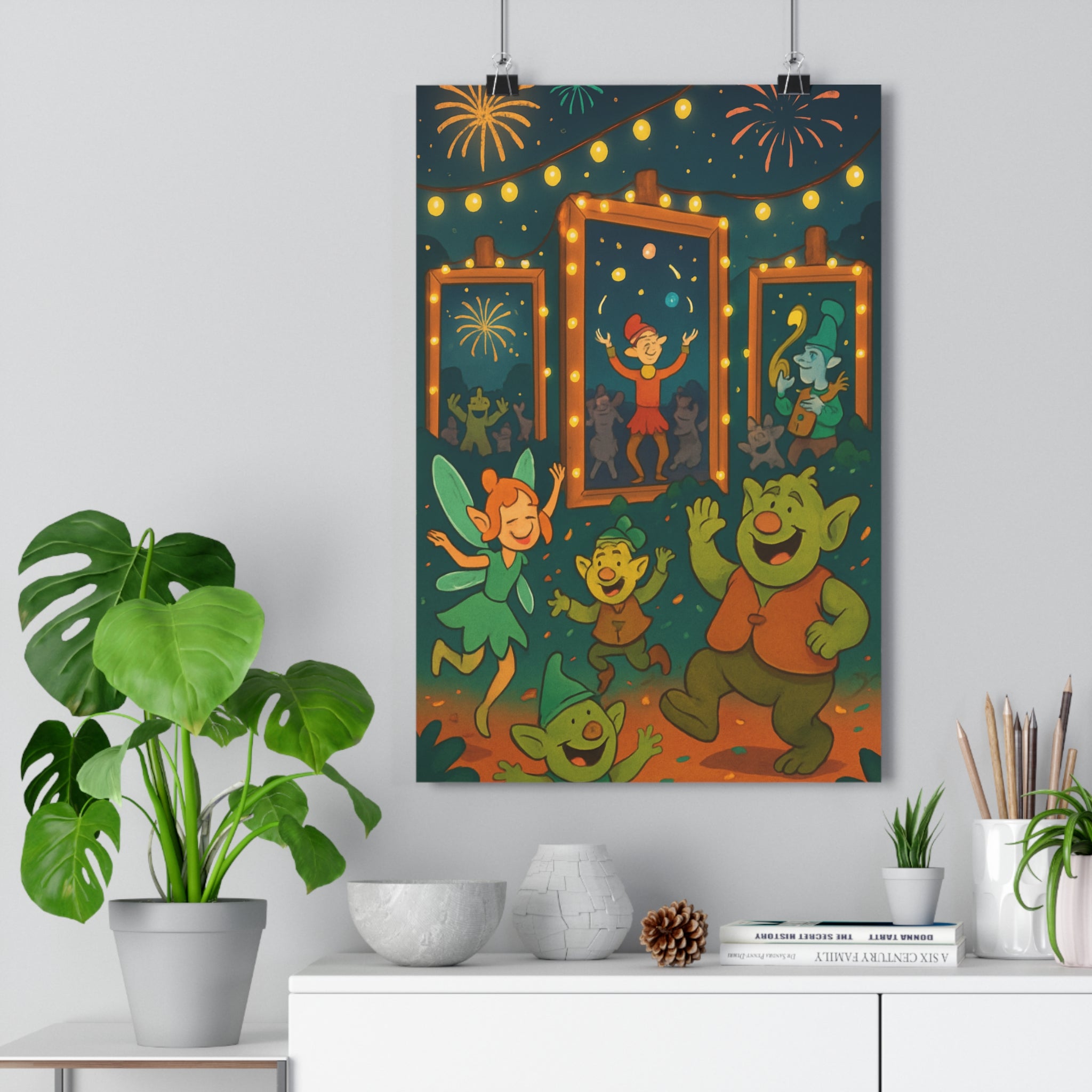 Poster décoratif coloré joyeux lutins fées enfant chambre guirlandes lumineuses 30x46 ambiance festive cadre