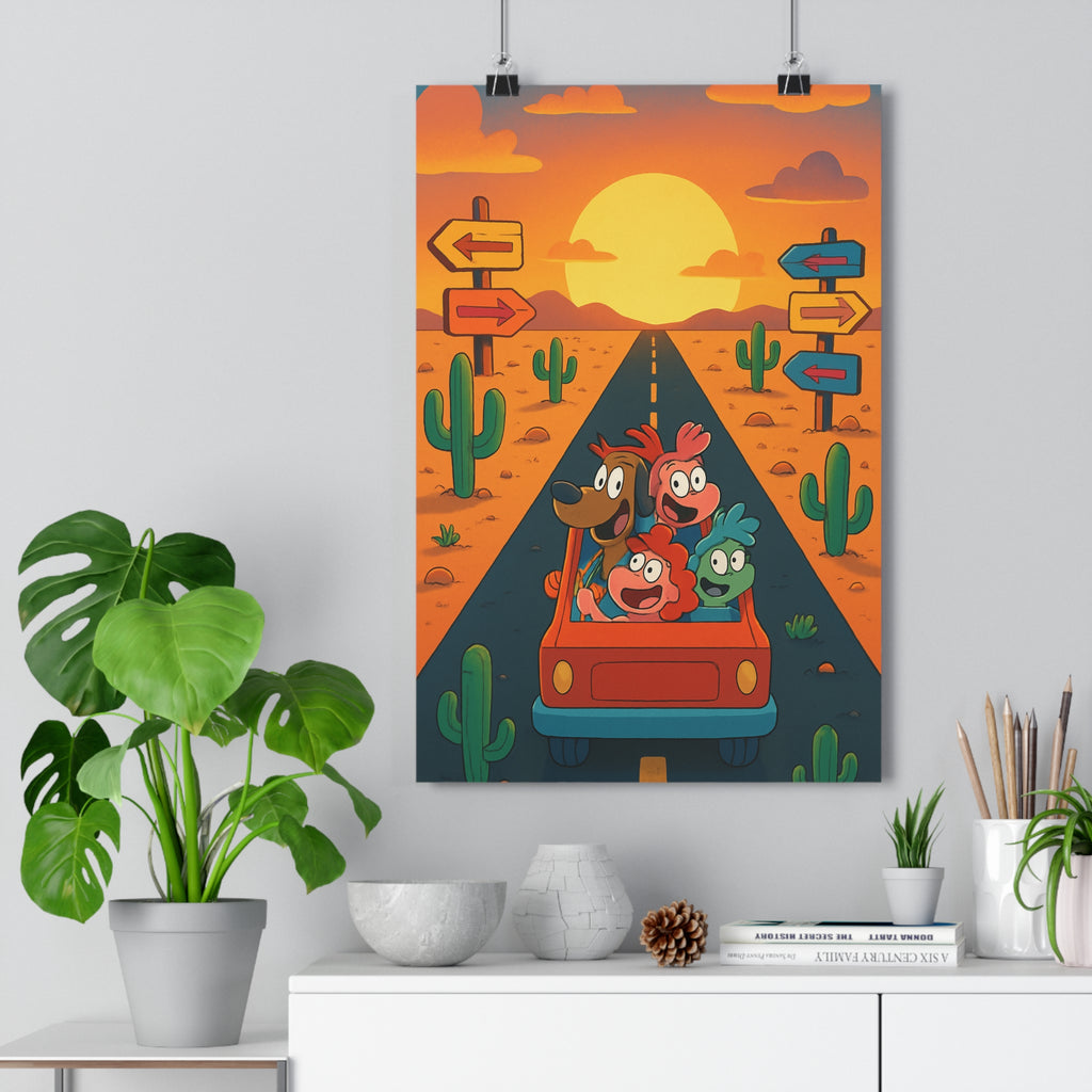 Poster décoratif aventure voiture rouge joyeux cartoon désert cactus salon chambre enfant qualité premium