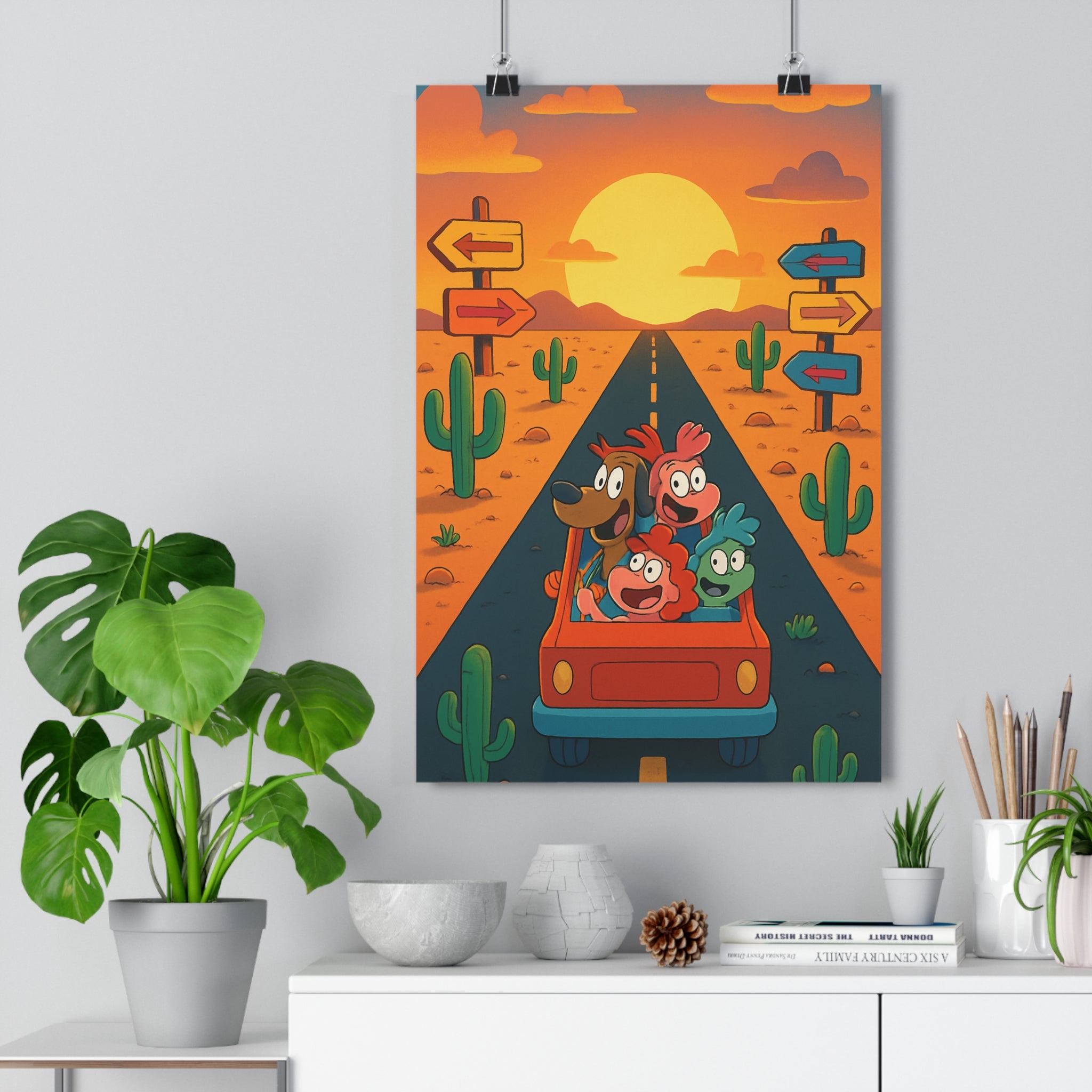Poster décoratif aventure voiture rouge joyeux cartoon désert cactus salon chambre enfant qualité premium