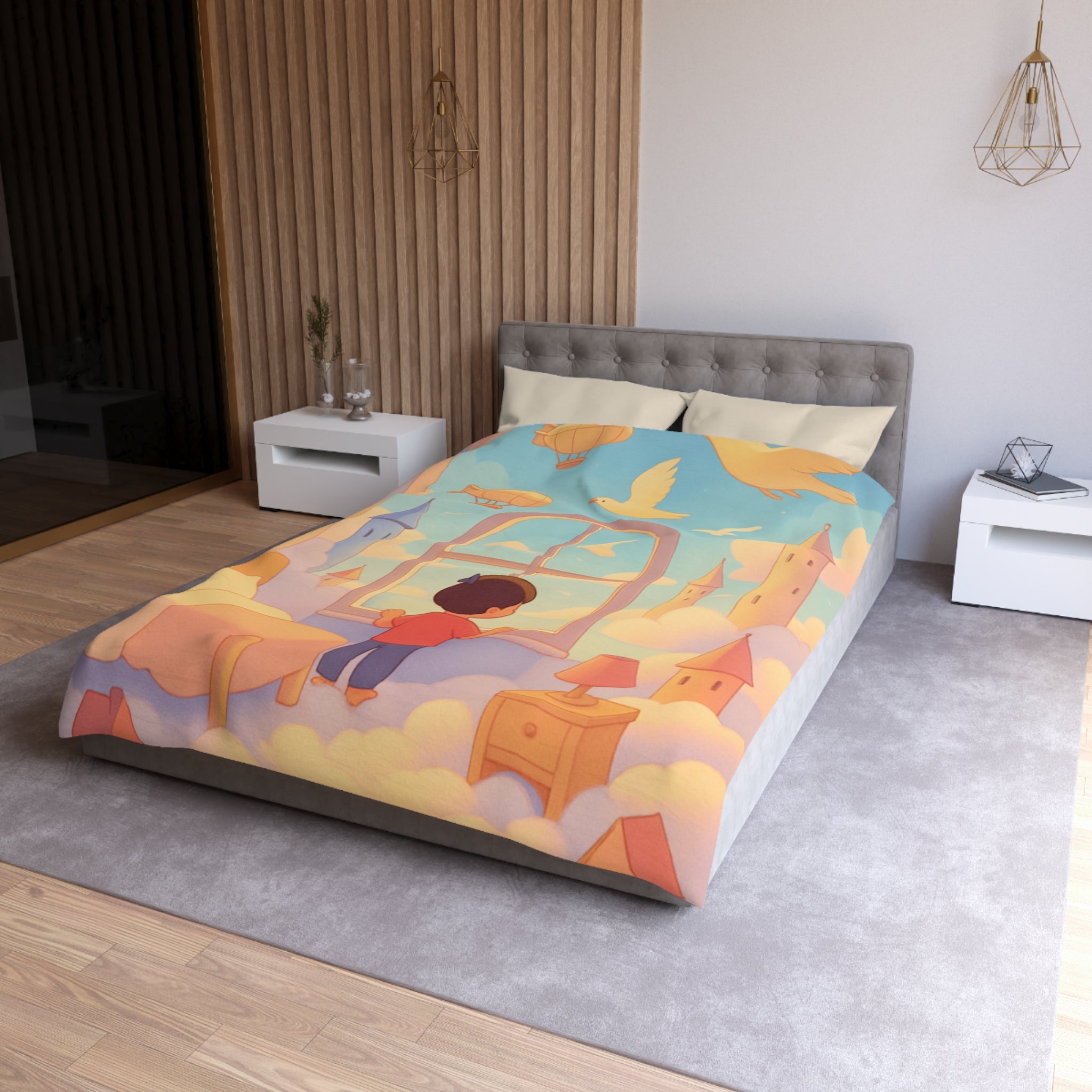 Housse de couette rêveuse enfantine avec nuages, dirigeables et oiseaux volants paisibles