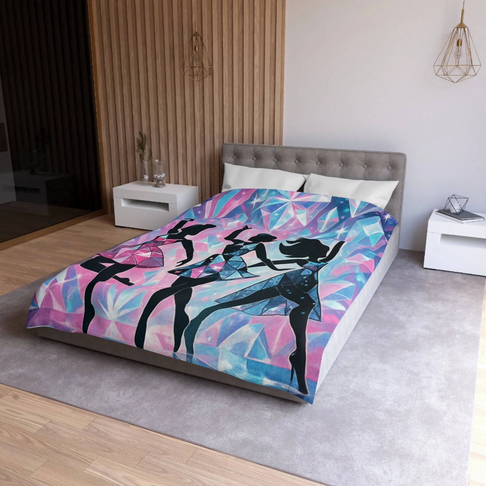 Élégantes silhouettes de danseuses avec motifs géométriques sur fond cristallin scintillant