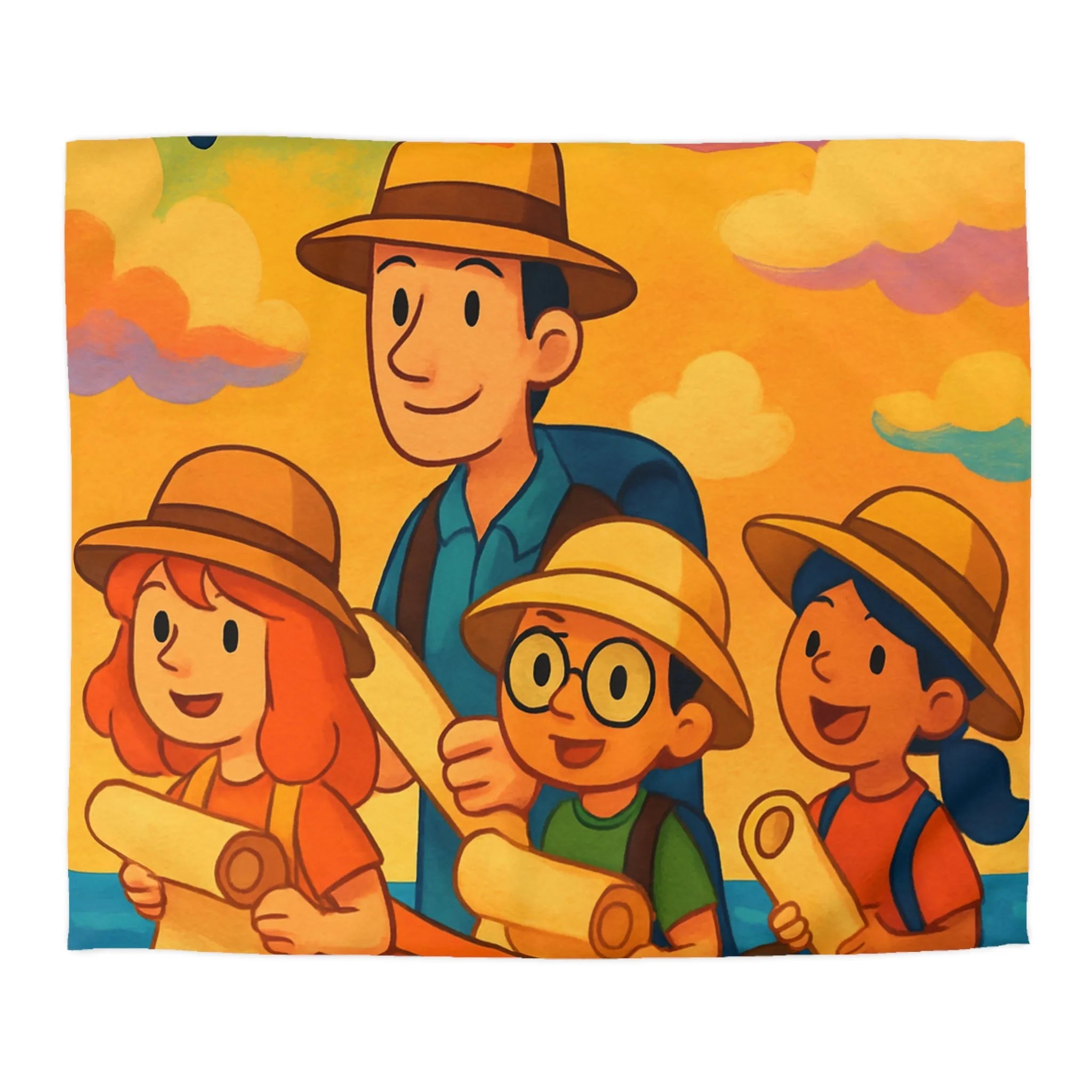 Housse de couette artistique avec aventure colorée en famille sur fond vibrantly ensoleillé