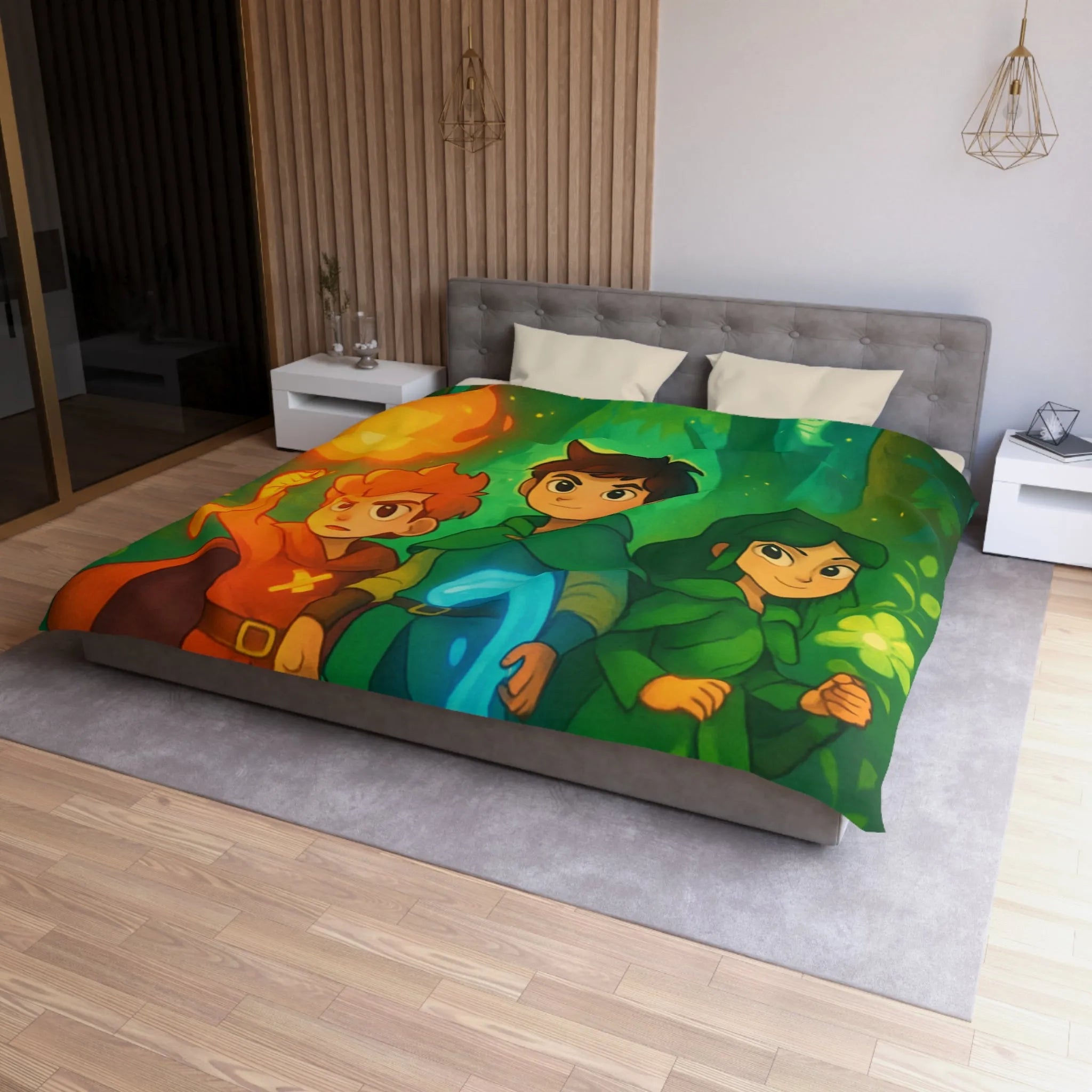 Housse de couette enchantée avec personnages magiques dans une forêt lumineuse et colorée