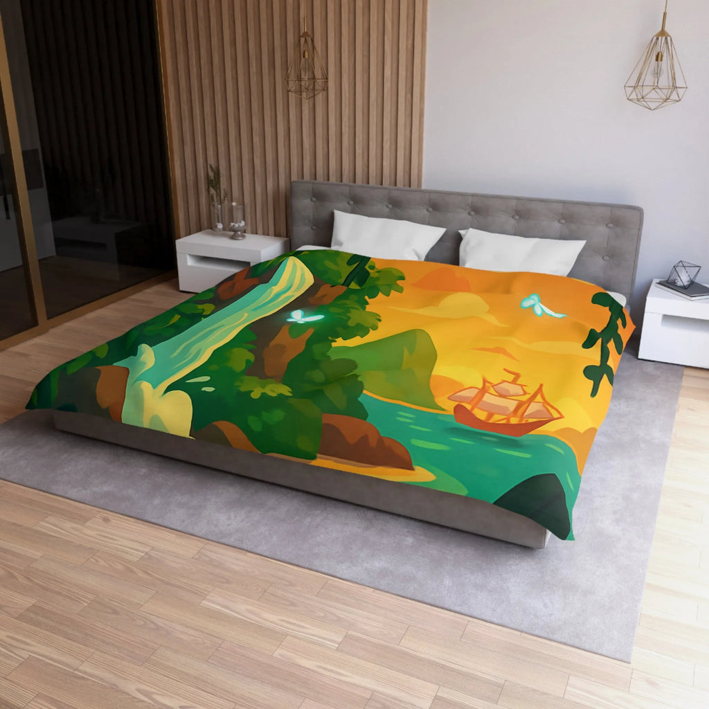 Housse de couette exotique avec cascade, papillons lumineux et bateau au coucher du soleil