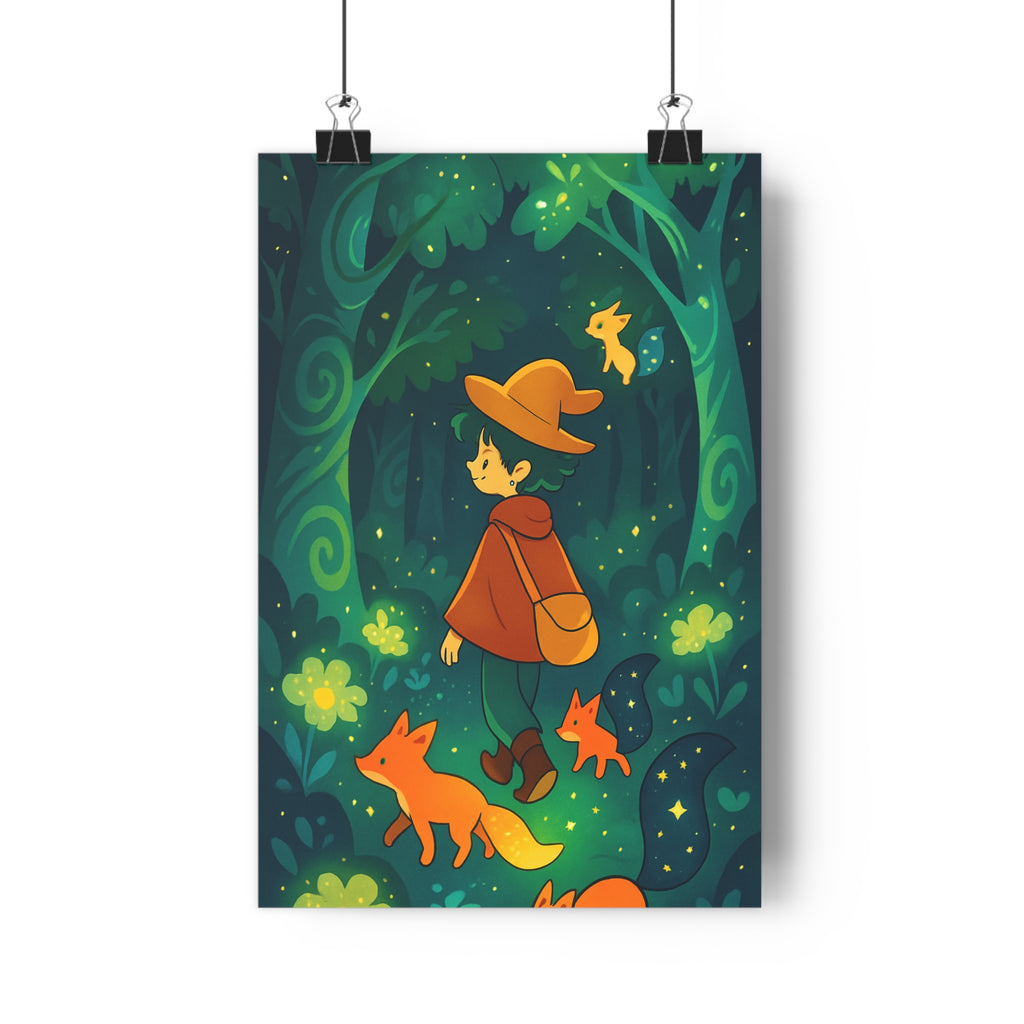 Poster décoratif forêt enchantée vert orange personnage cartoon magique mystique féerique chambre salon bureau