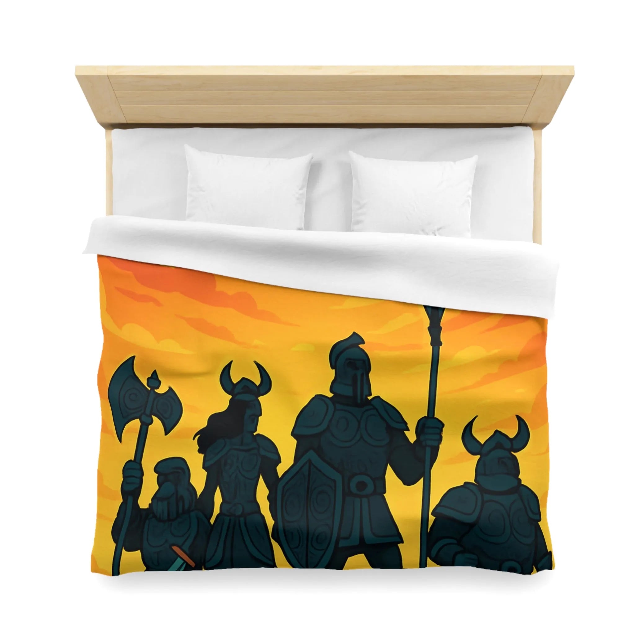 Housse de couette épique avec guerriers sous ciel flamboyant pour décoration médiévale