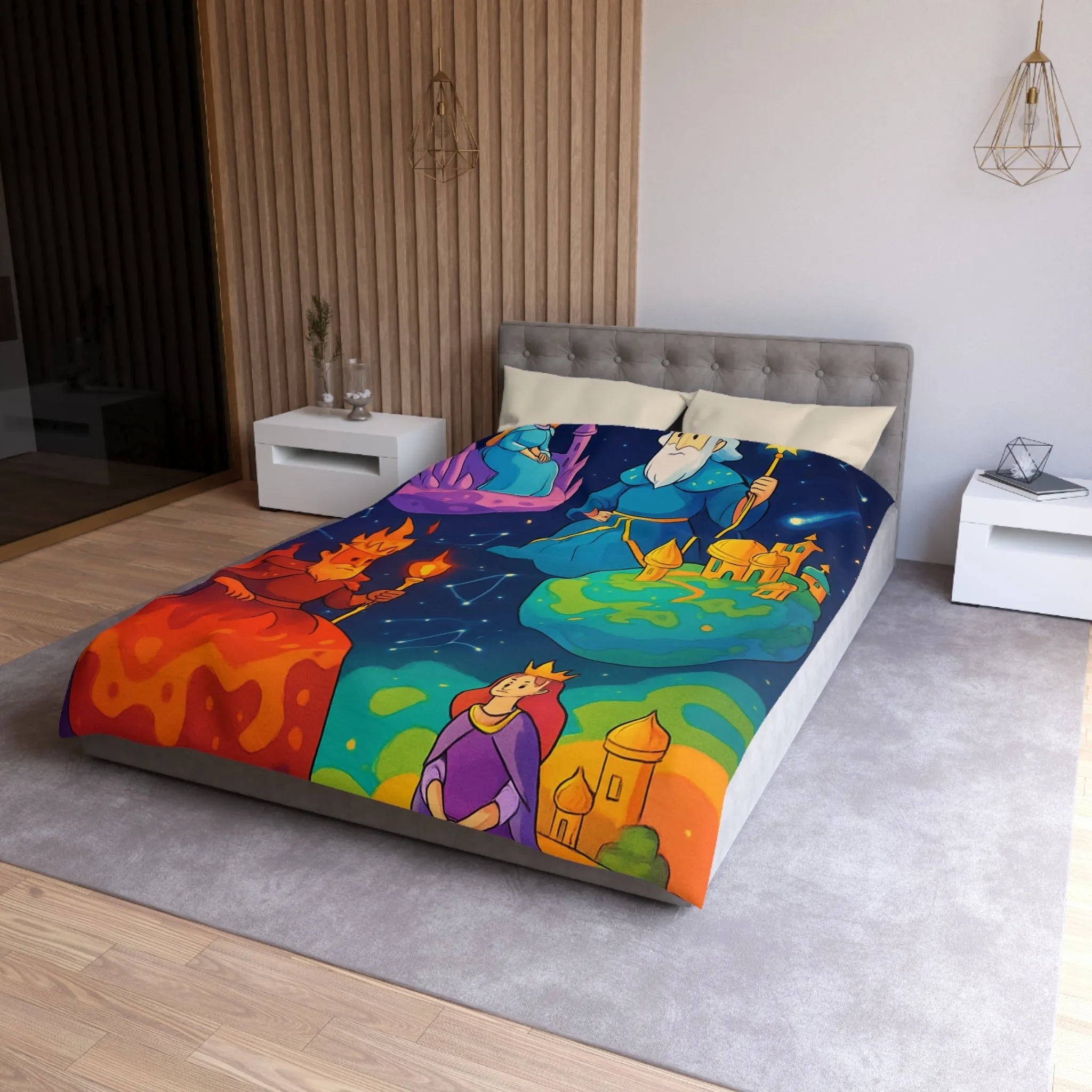 Housse de Couette Imaginaire avec Rois et Reines sur Planètes Mystiques Étoilées