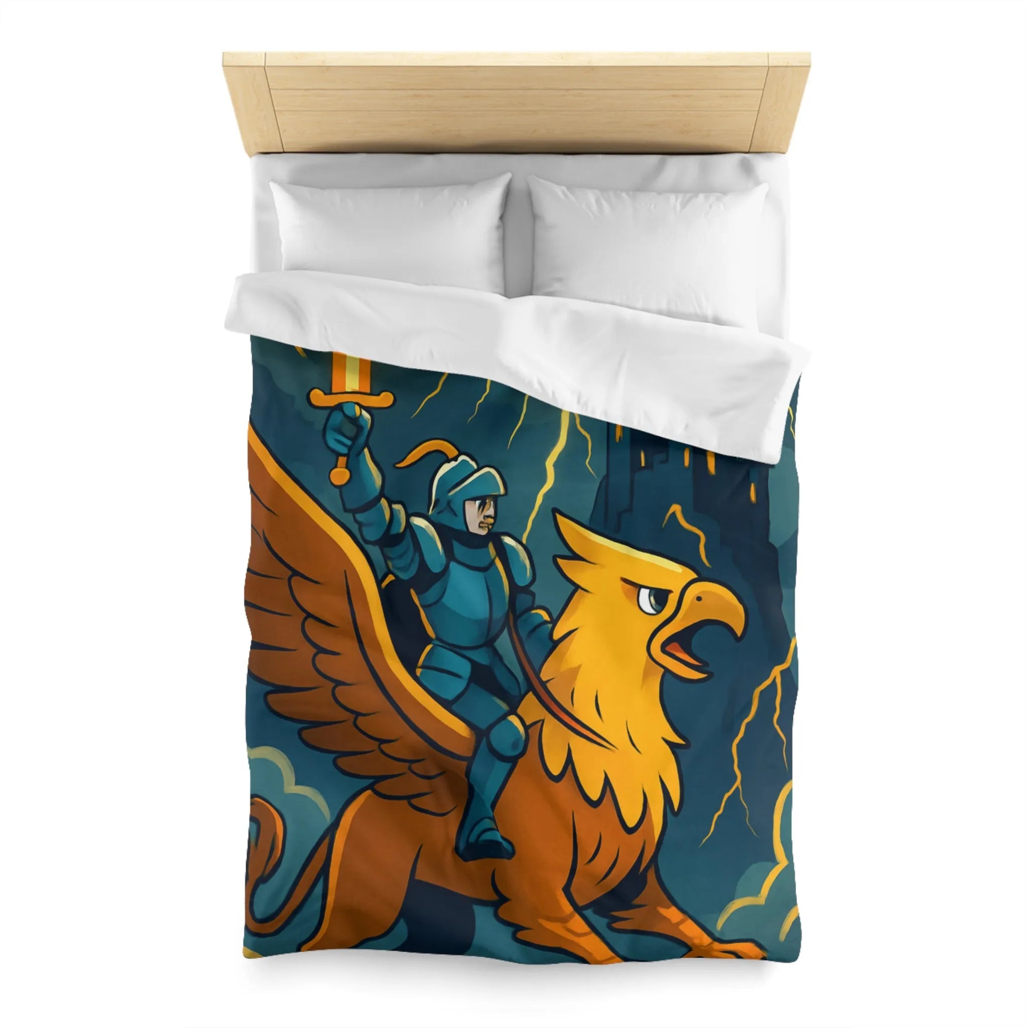Housse de Couette Fantaisie avec Chevalier et Griffon Volant Devant Château Mystérieux