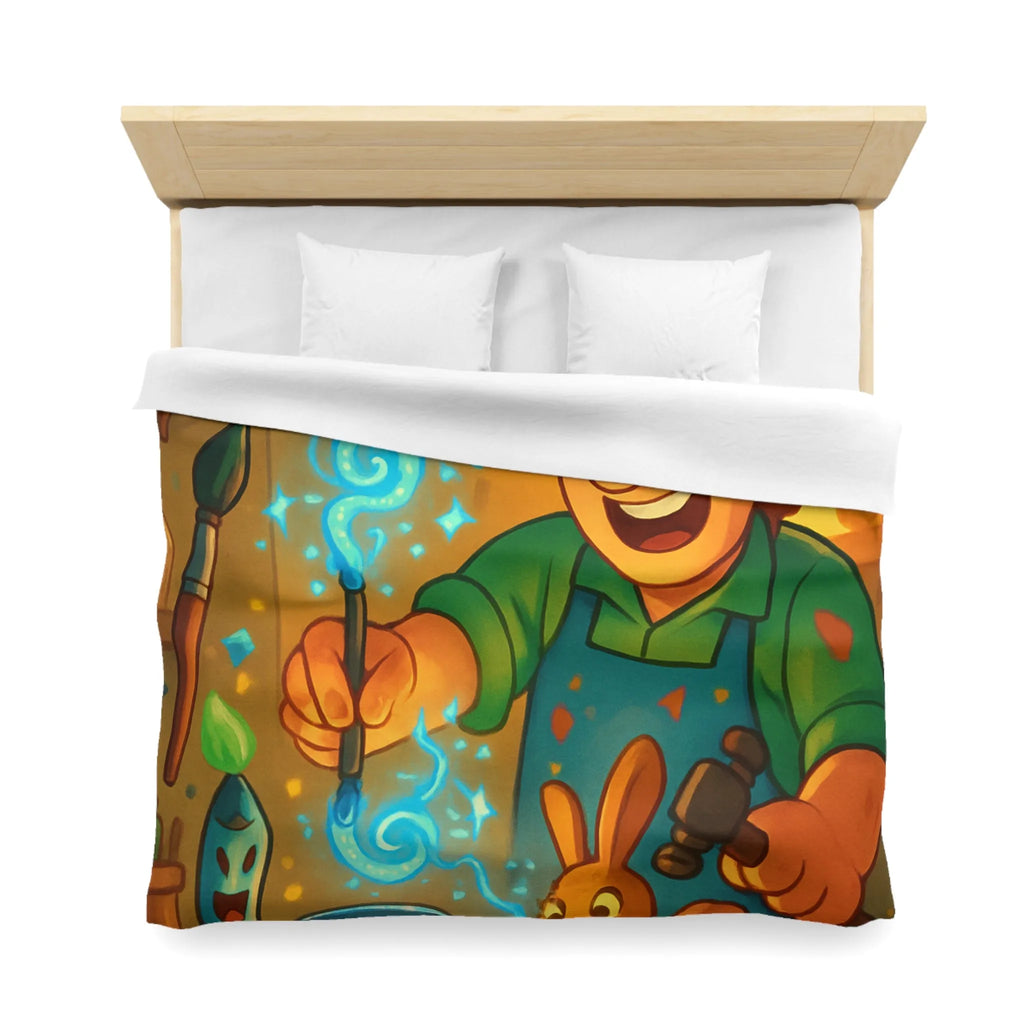 Artisan heureux sculpte figurines magiques dans atelier en bois lumineux et coloré